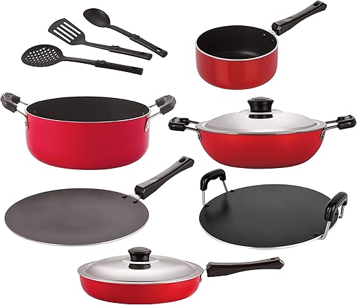 NIRLON Non Stick Aluminium Cookware Set of 9 Pieces { 2.6mm_CT_DKDM_SPM_RT_Cass20_FP12_3SPN, Red}