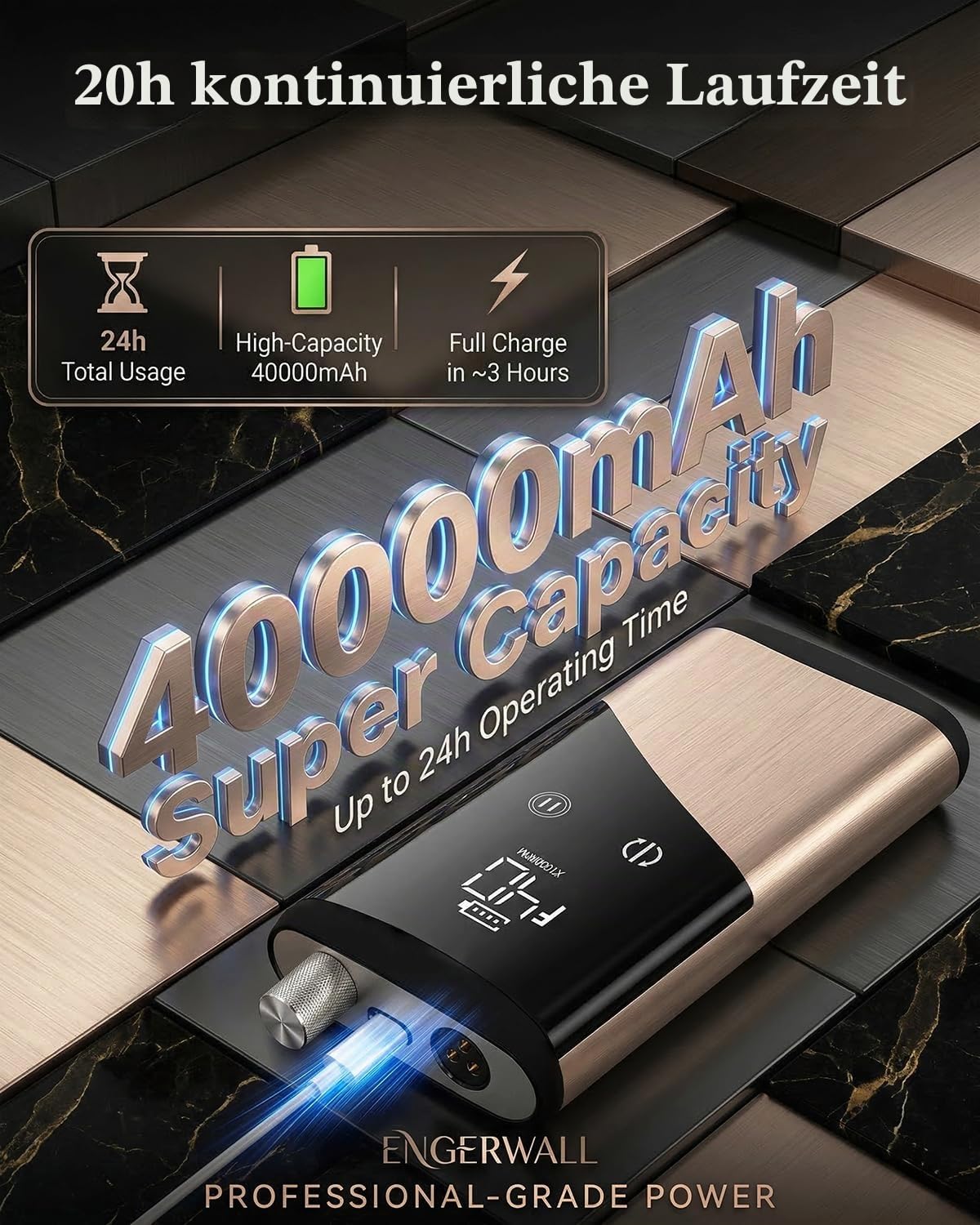 Elektrische Nagelfeile mit Bürstenlosem Motor, 40000 U/min | Bürstenlosem Motor, 40000 U/min, bis zu 20+h Akku, Kabellose, LCD-Touch-Display, Aluminiumlegierung, Gebürstetes Roségold