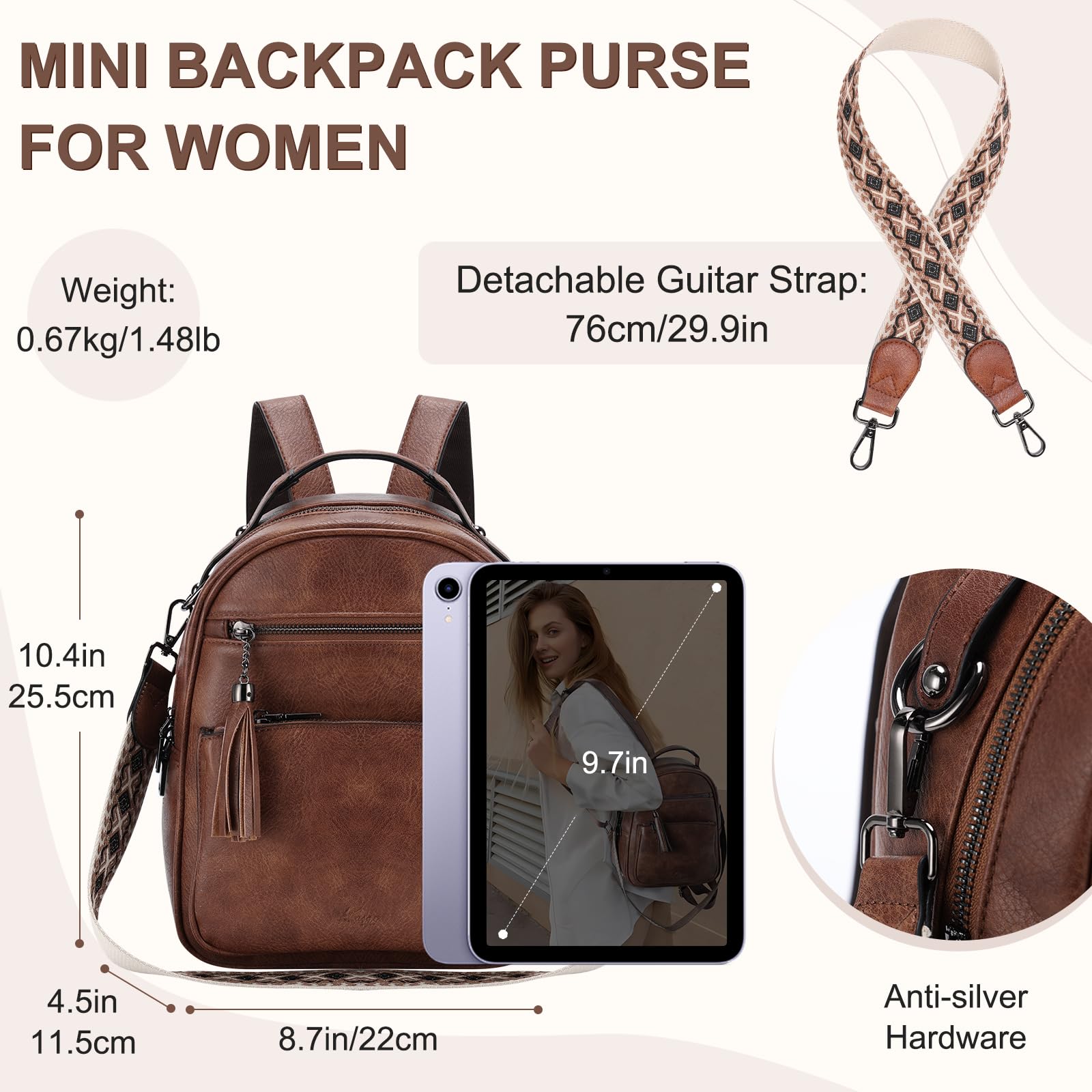 Mochila Pequeña Mujer, Bolso Mochila de Cuero PU Mini Mochila Viaje de Moda Mochila Antirrobo Bolso Bandolera Universidad Mochila Convertible para Diario Trabajo Esculea, Marron