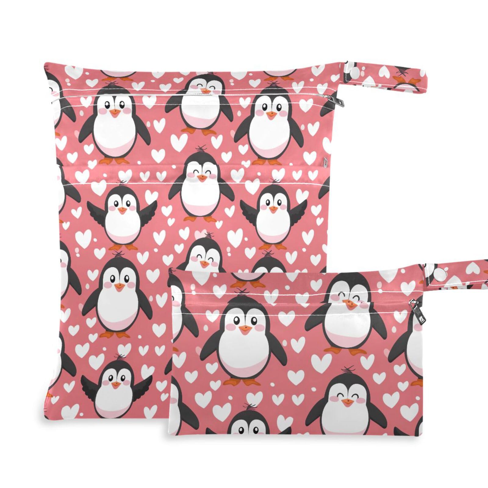 Coikll Wet Dry Bags for Cloth Diaper 2 Pack Waterproof Yoga Gym Bag for Swimsuit Wet Clothes Baby Items-?Love Heart Penguin?