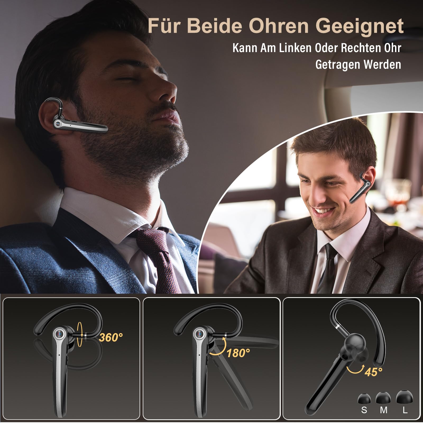 Bluetooth Headset V5.4 Wireless Freisprech Telefon mit CVC 8.0 und ENC Dual Mikrofon, Bluetooth Ohrhörer kabellos mit 25h Sprechzeit, 120h Standby Headset Handy für Autofahren Büro Business, Schwarz