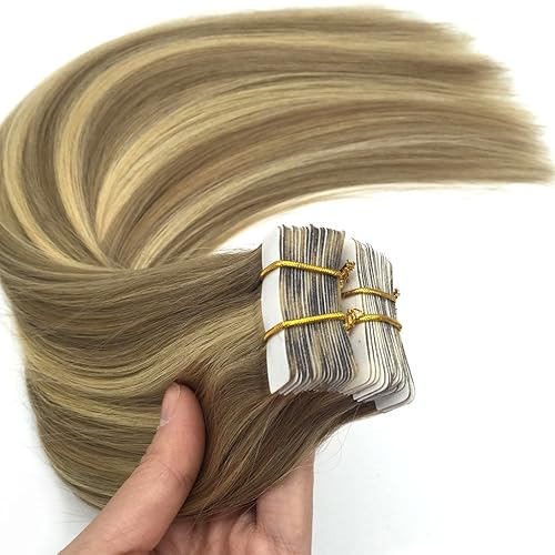Miniatura 5 de GOO GOO Extensiones de cabello humano con cinta, 1622 rubio claro con reflejos rubios dorados, 18 pulgadas, 1.76 onzas, 20 unidades, puntas gruesas,