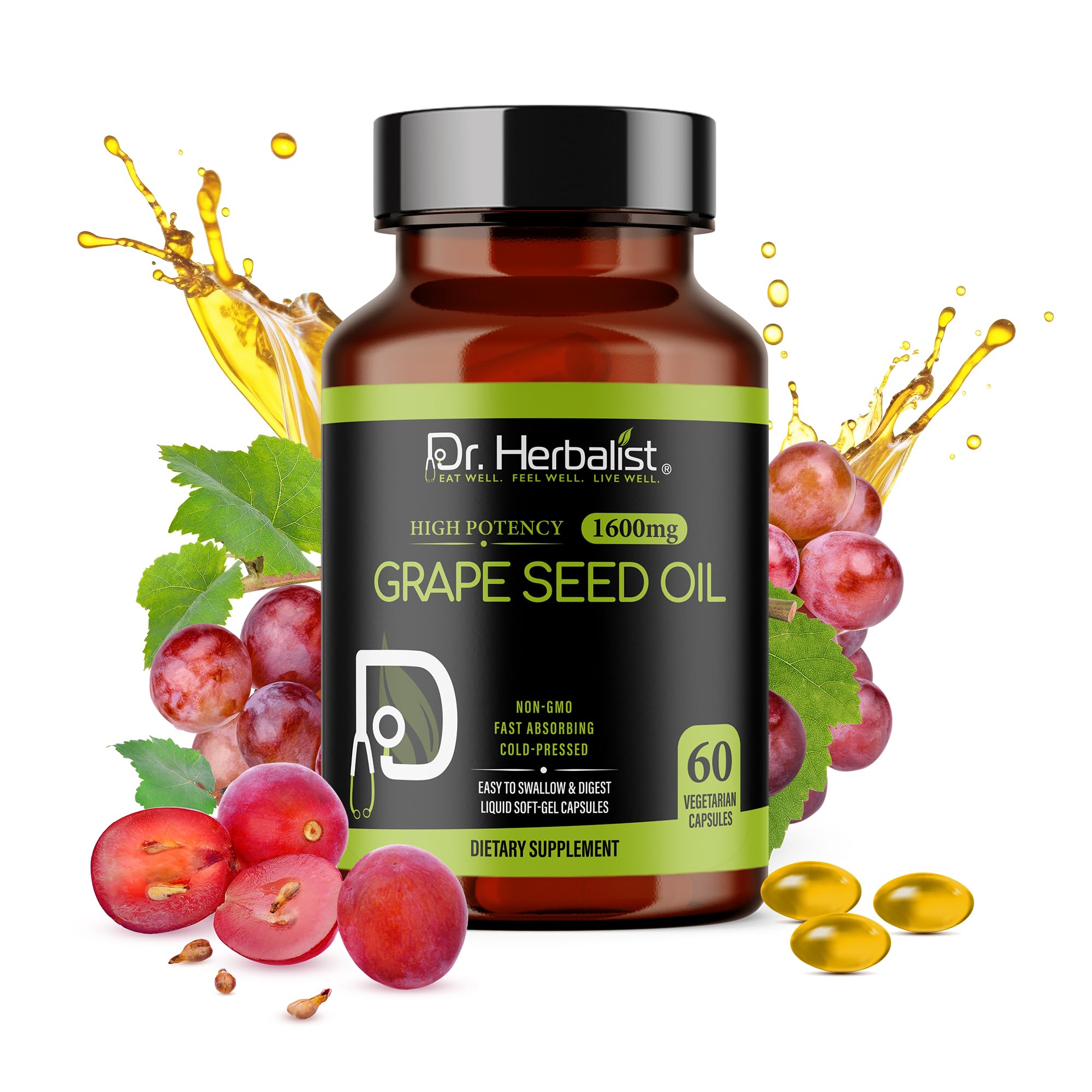 Dr. HERBALIST Grape Seed Oil Softgels 1600mg, Vitis Vinifera, Halal 60ct