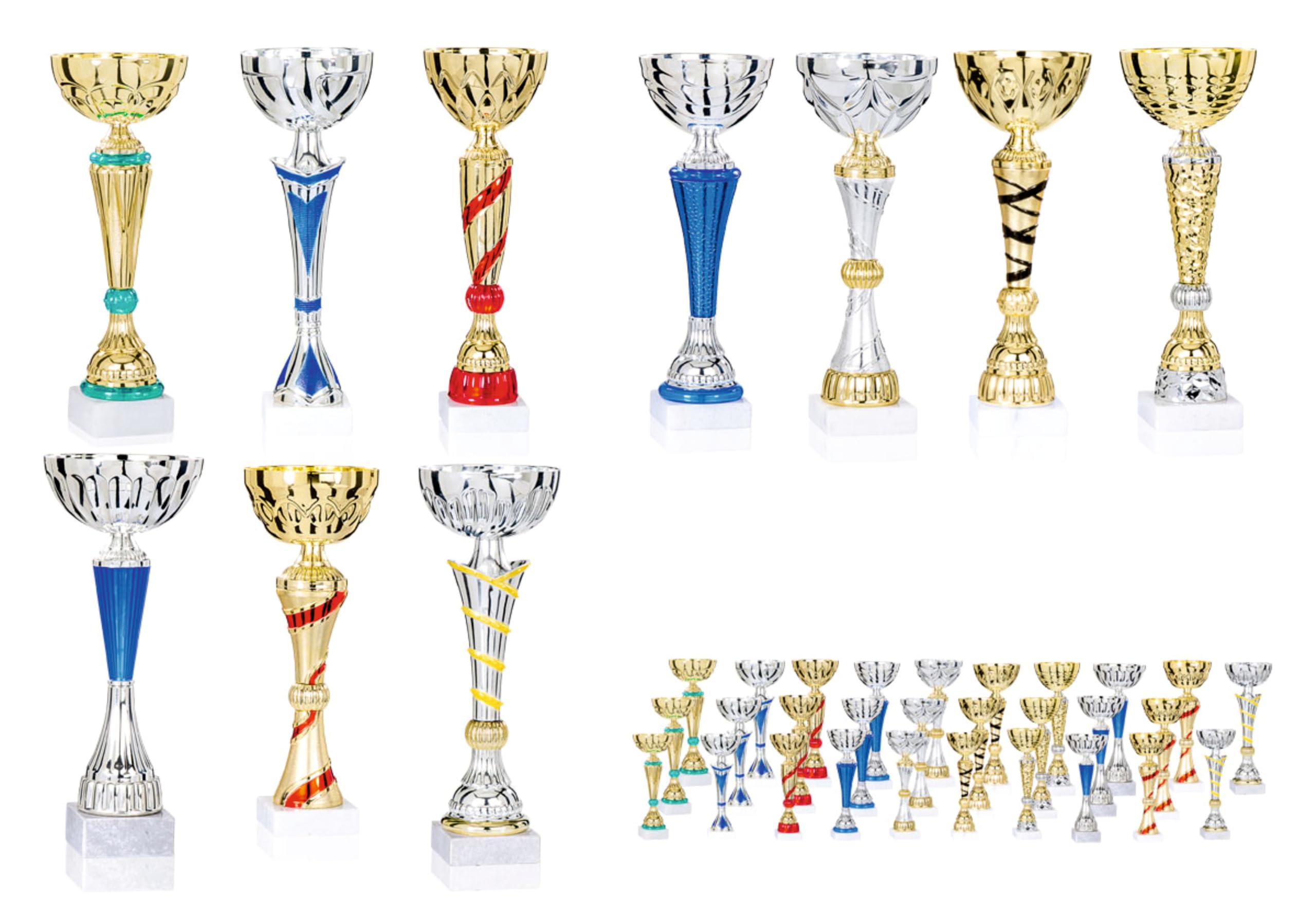 Lote de 30 Trofeos, Copas Deportivas, Premios metálicos con peana de mármol, 10 modelos en 3 alutras cada uno, todos Grabados