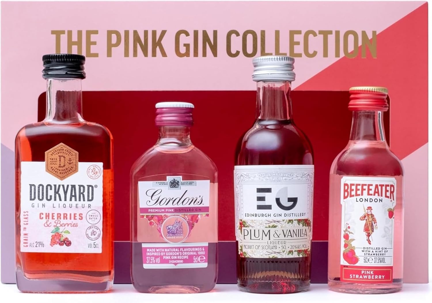 Pink Gin Gift Set - Gin Gifts for Women, 4x5cl Beefeater Pink Strawberry, Gordons, Edinburgh Plum & Vanilla, Dockyard Cherries & Berries Flavoured Liqueur, Womens Alcohol Gifts, Birthday, Christmas