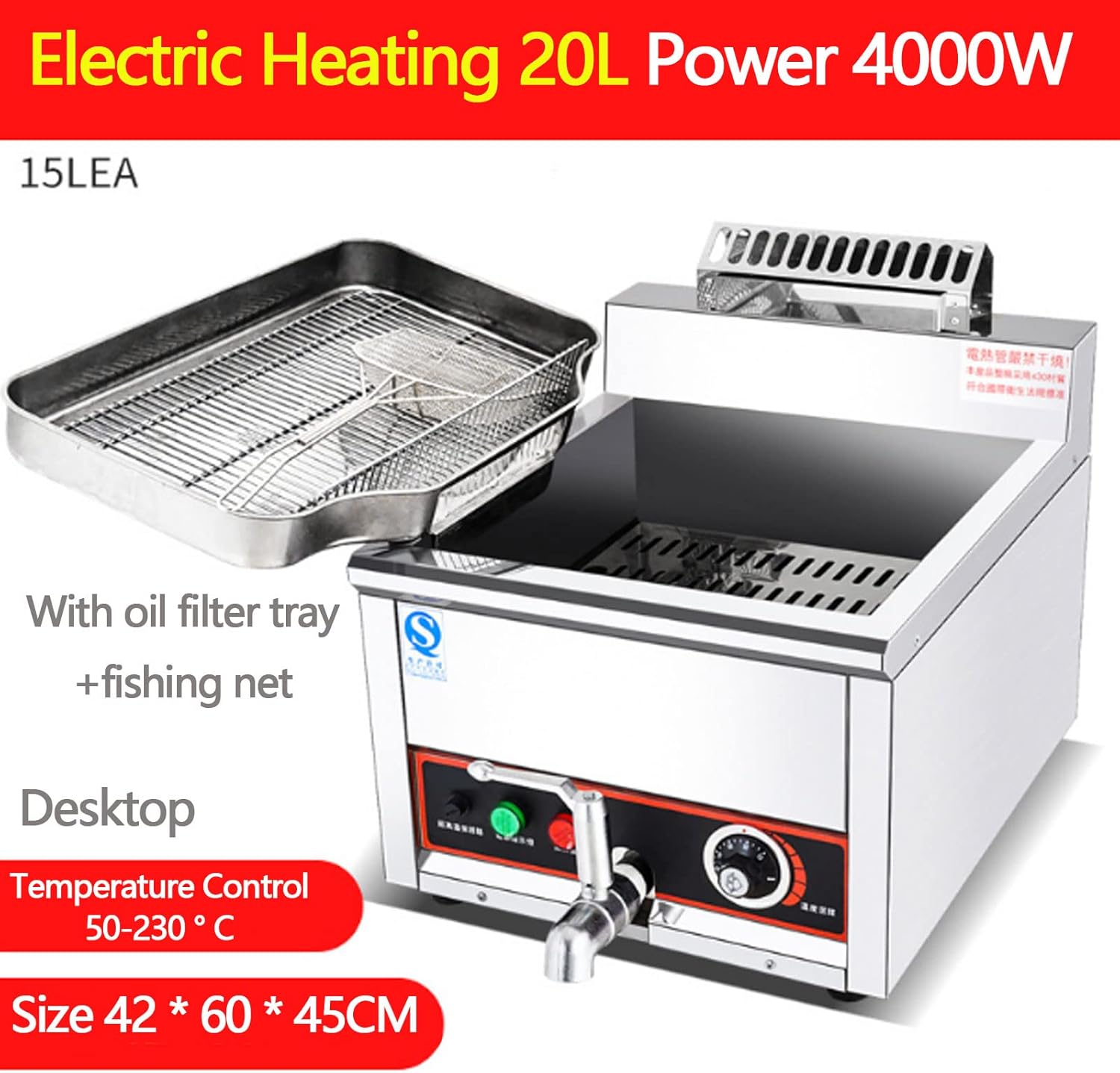 Electric Modern Deep Fryer Stainless Steel 20 Liters 25 Liters 40 Liters Oil Fryers, with Temperature Setting and View Window, Stainless Steel, for Home Kitchen, Thermos，15lea