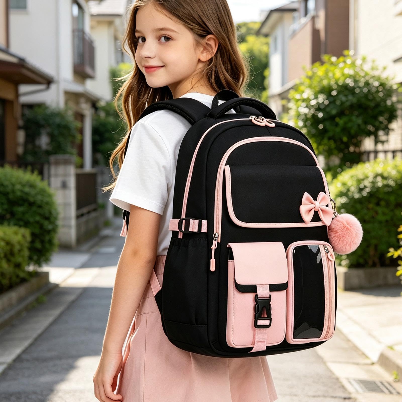 Zaino per la scuola da ragazza, con portapranzo, fiocco, impermeabile, con | Borsa da viaggio per studenti, libri scolastici, cancelleria, pranzo, portafogli, vestiti