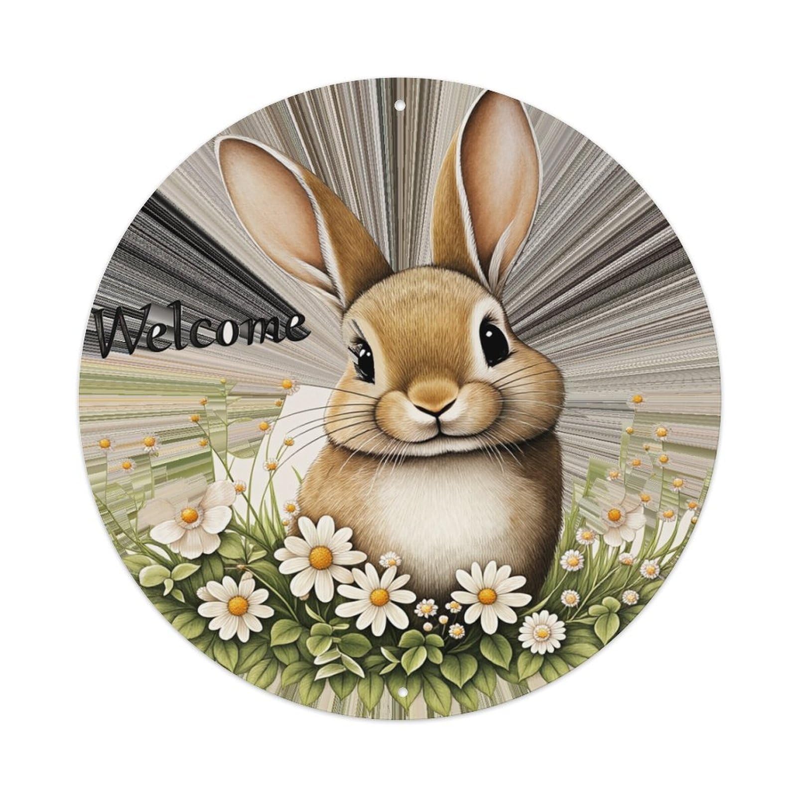 Cute Bunny Floral Welcome Design Round Tin Sign Retro Metal Sign for Cafe Bar Pub Home Game Room Gym Club Wall Decoration Vintage Metal Poster 8x8 Inch
