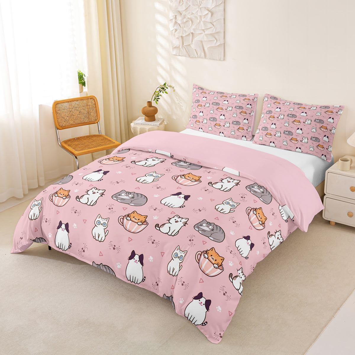 Loussiesd Kreskówkowy kot poszewka na kołdrę super king size zwierzę kreskówka dla chłopców dziewcząt kotek nadruk zestaw pościeli 3 szt. kawaii dekoracja pokoju oddychająca miękka lekka mikrofibra