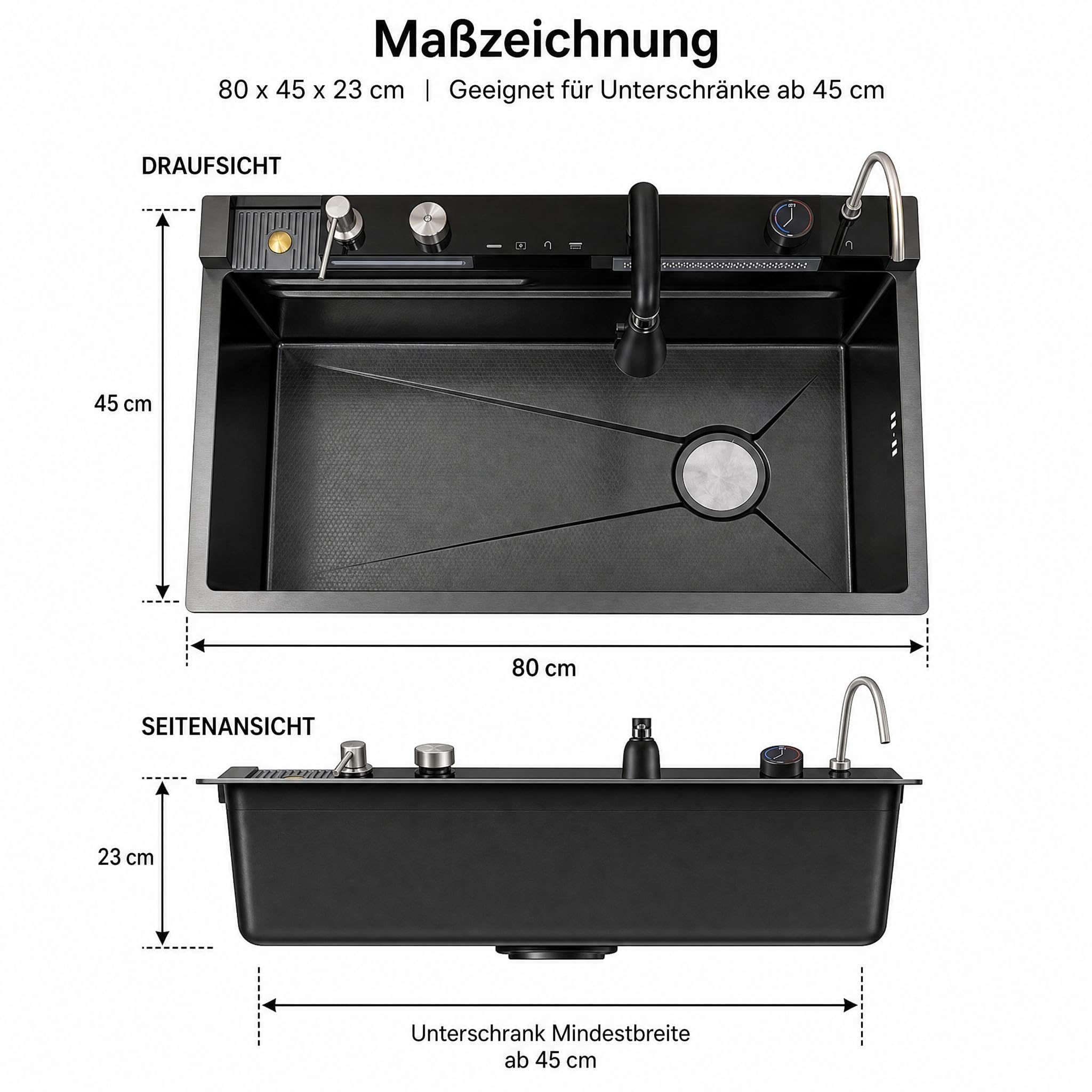 Spülbecken Schwarz 80 x 45cm Waschbecken Küche, 1 Becken Einbauspüle Edelstahl mit R-Abfluss, Nano-Oberfläche, Spülbecken mit Armatur Inkl Siphon & Über