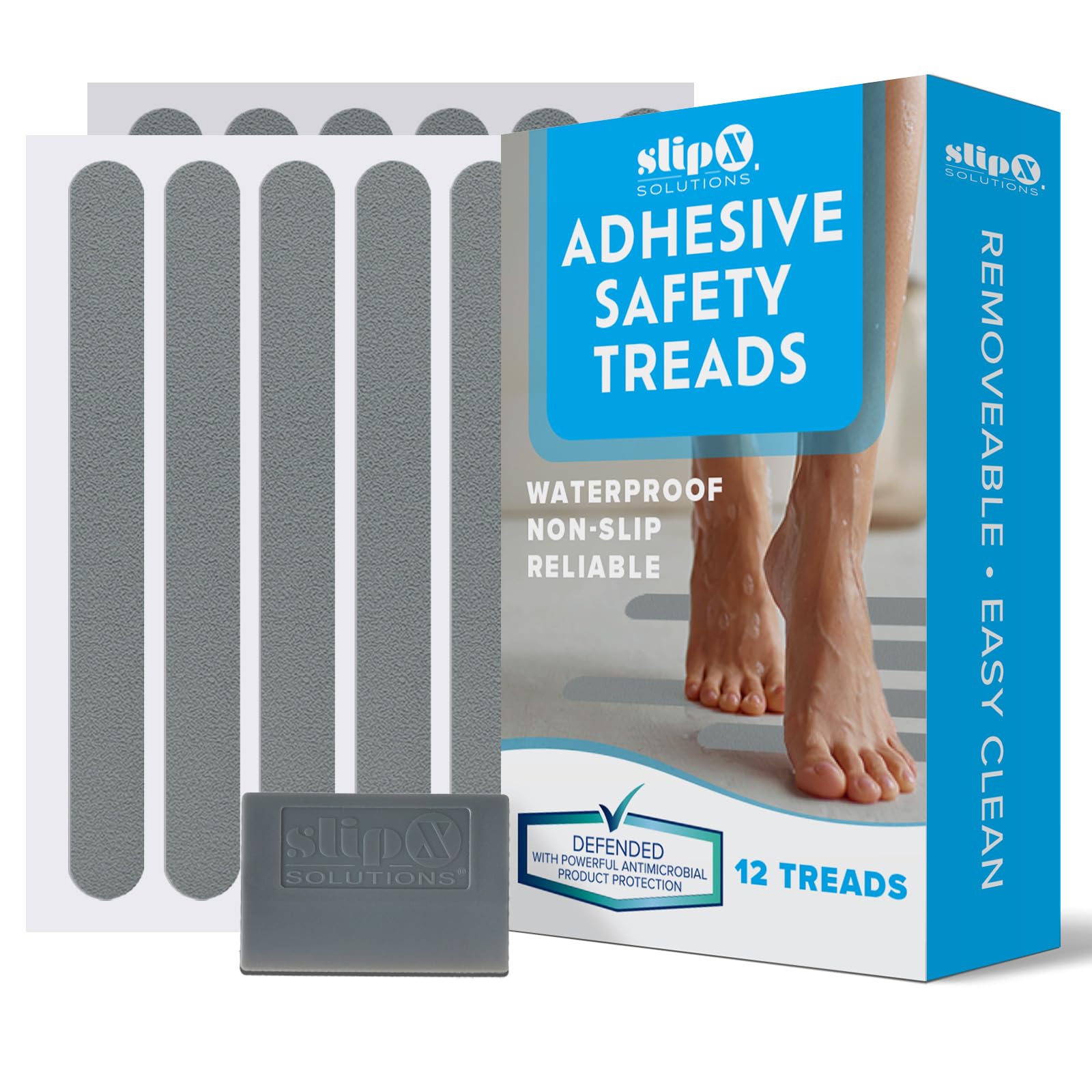 SlipX Solutions Adhesive 7.5" Safety Treads Add Non-Slip Traction to Tubs, Showers, Pools, Boats, Stairs & More (12 Count, Reliable Grip, Gray)