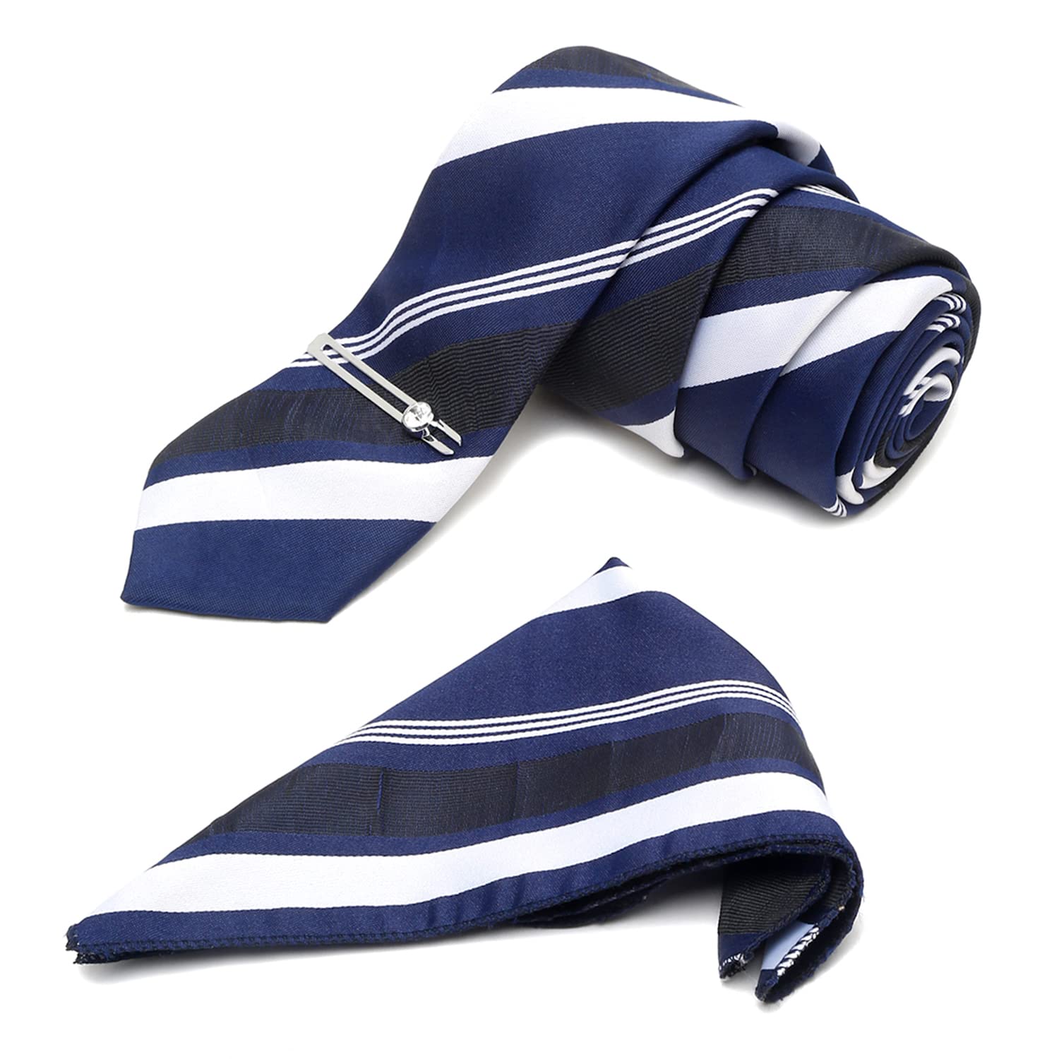 Mens Lined Blue Stripes Italian Silk Necktie Set With Pocket Square and Silver Chrome Pin (Suit Accessories) (Czech)-image-26