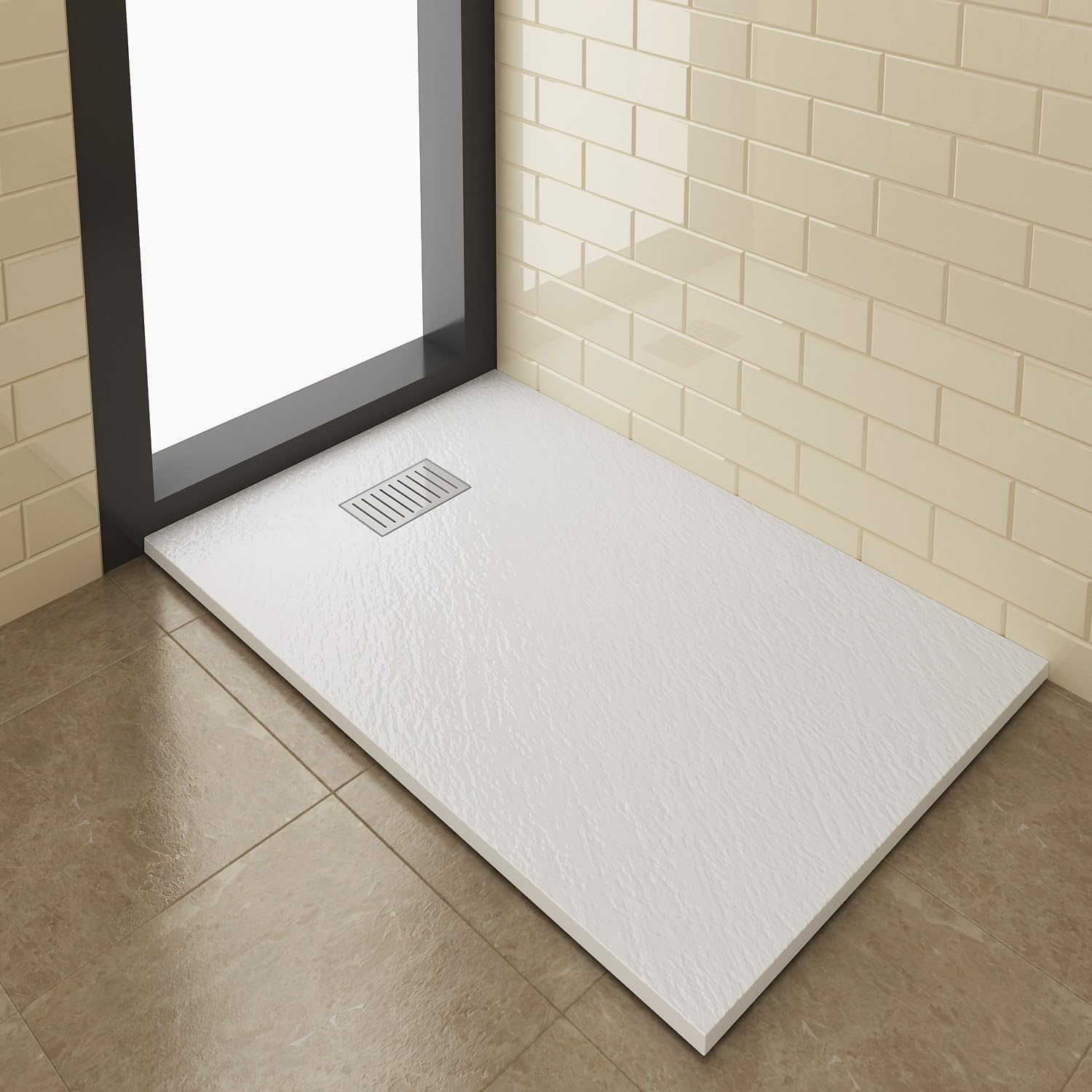ZANOFIRA 1200 x 700mm Slate Effect Shower Tray Anti-Slip Resin Stone Shower Base with Stainless Steel Drain & Waste Cuttable Low Profile Square Shower Enclosure Base