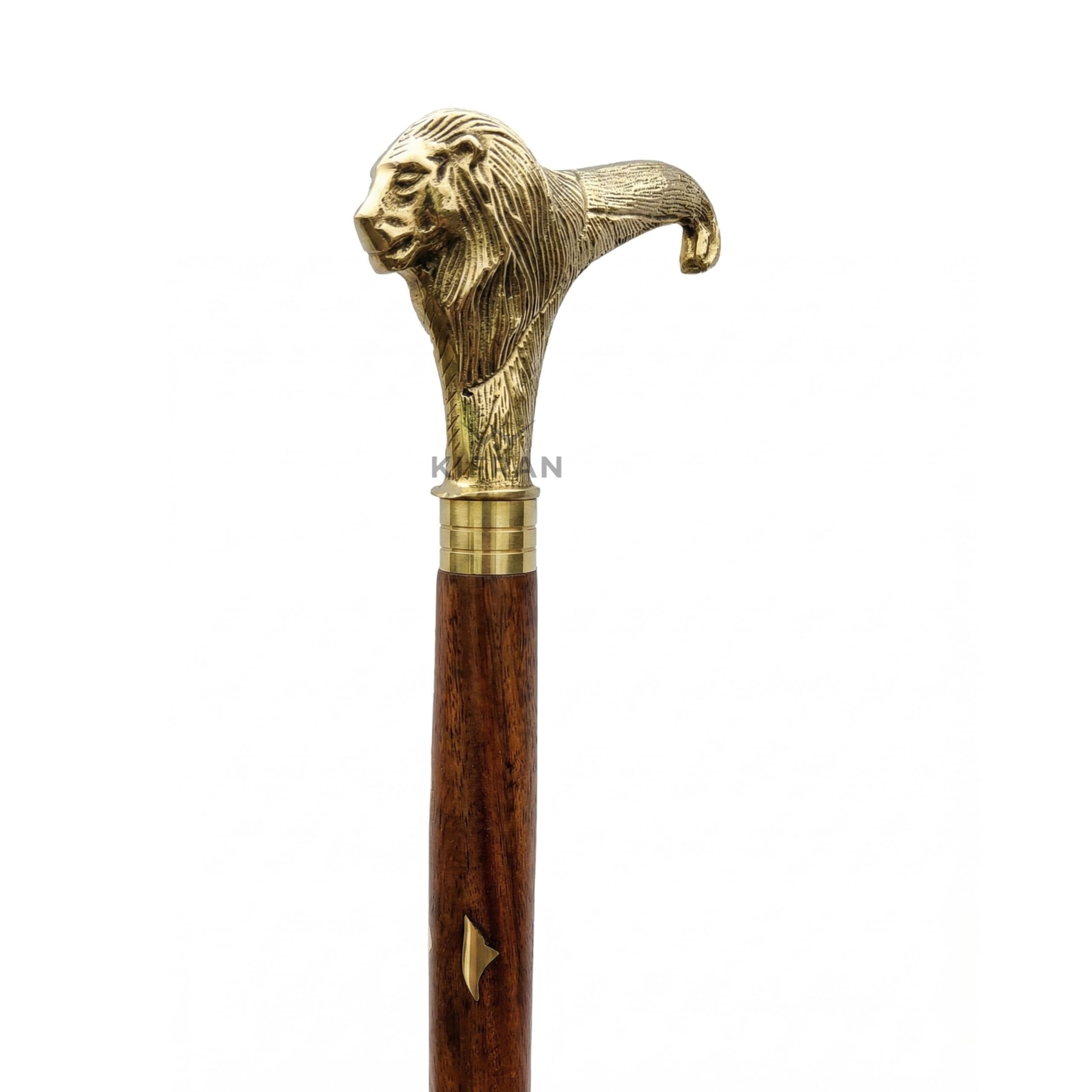 Premium Vintage Walking Stick with Solid Brass Lion Head Handle, Fine Wood Grain Shaft, Hand-Set Geometric Inlays-image-11