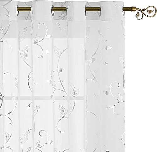 Miniatura 65 de BUHUA Cortinas opacas con estampado de flores, cortinas de ventana con aislamiento térmico, patrón de vid elegante en plata para habitación de bebé,