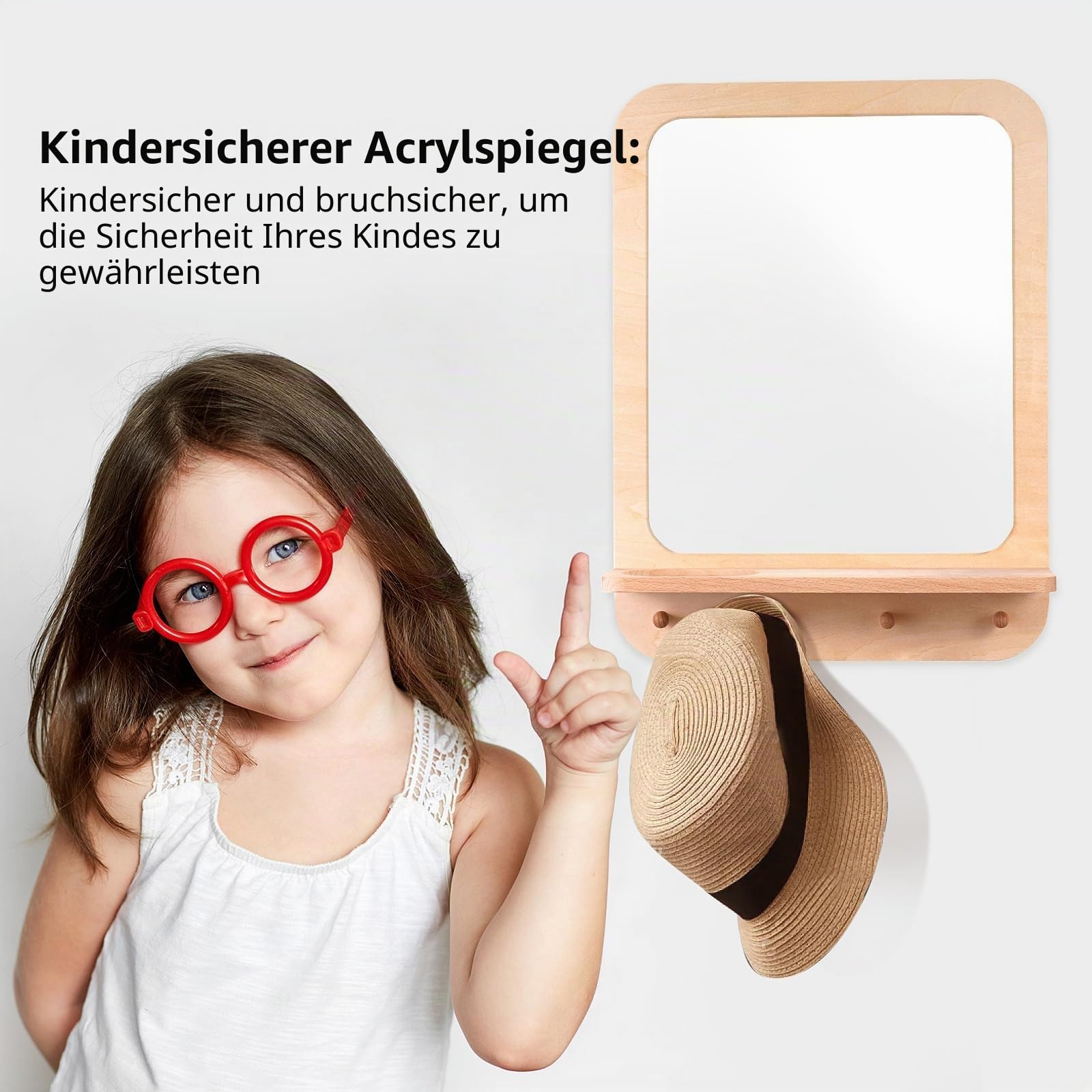Wandspiegel aus Holz und Acryl für Kinder mit Haken und Regal, bruchsicherer Eingangsbereich, Acryl-Wandspiegel, unzerbrechlicher Holzrahmen, Kleinkindspiegel für Zuhause, Spielzimmer,