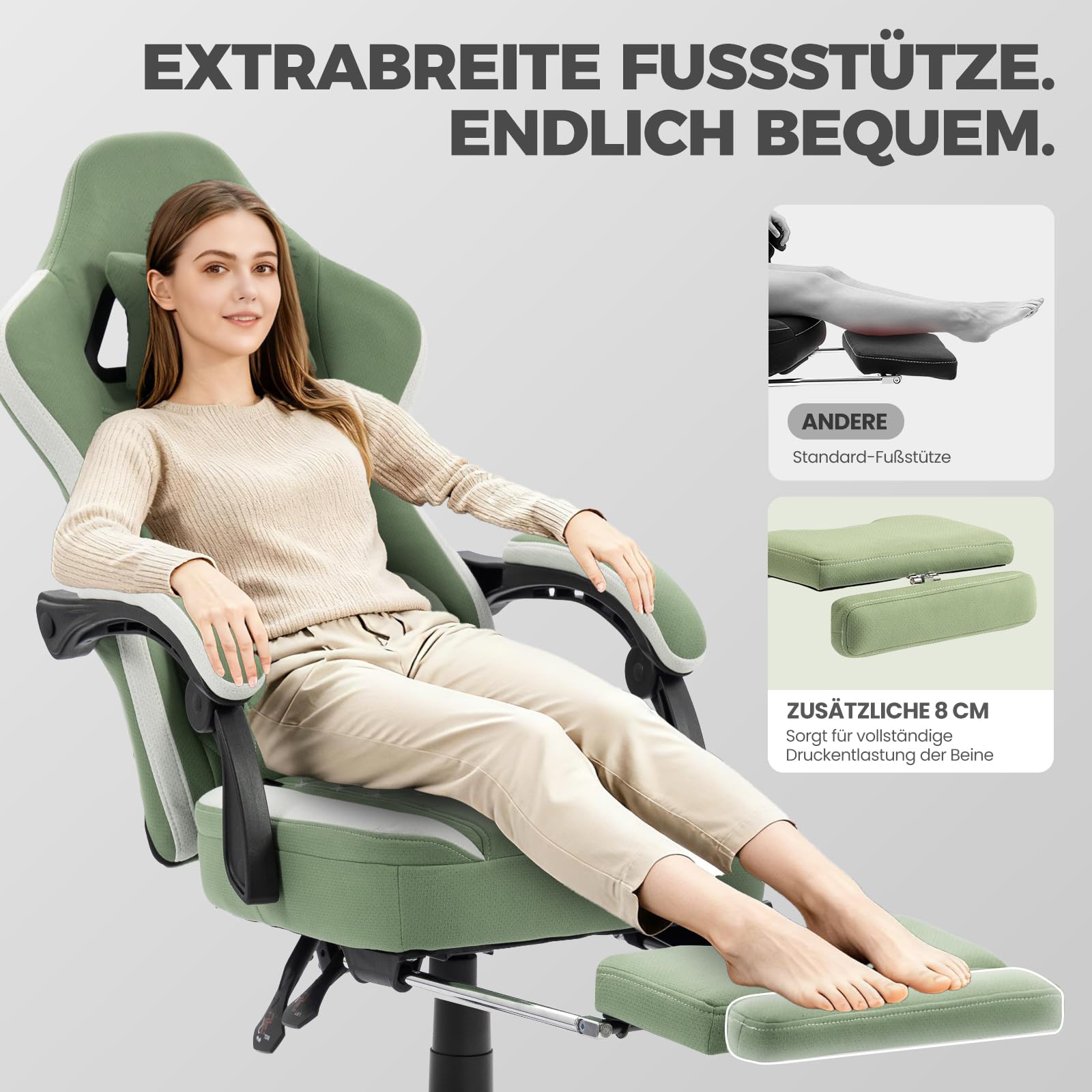 Dowinx Sedia Gaming con supporto lombare, Ampio Sedile Piatto Poltrona Gaming, Sedie Gaming Ergonomica con cuscinetto in gel e borse di stoccaggio Sedia Game, Poggiapiedi allungato/Verde chiaro