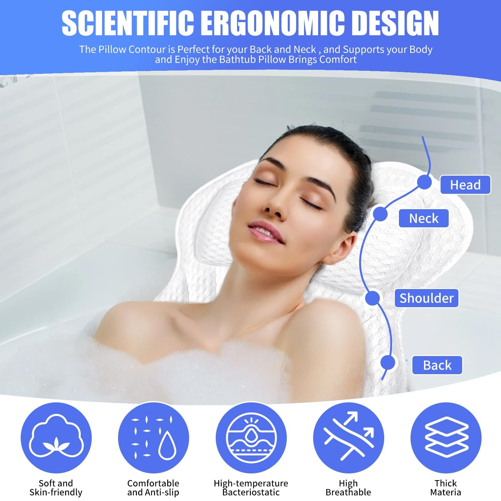 Almohada Bañera,Malla 4D Almohada de Baño,Almohada para Bañera con 6 Ventosas Antideslizantes,Cojín de baño,Puede soportar la Cabeza,el Cuello,la Espalda,para Bañera de Hidromasaje（Blanco）