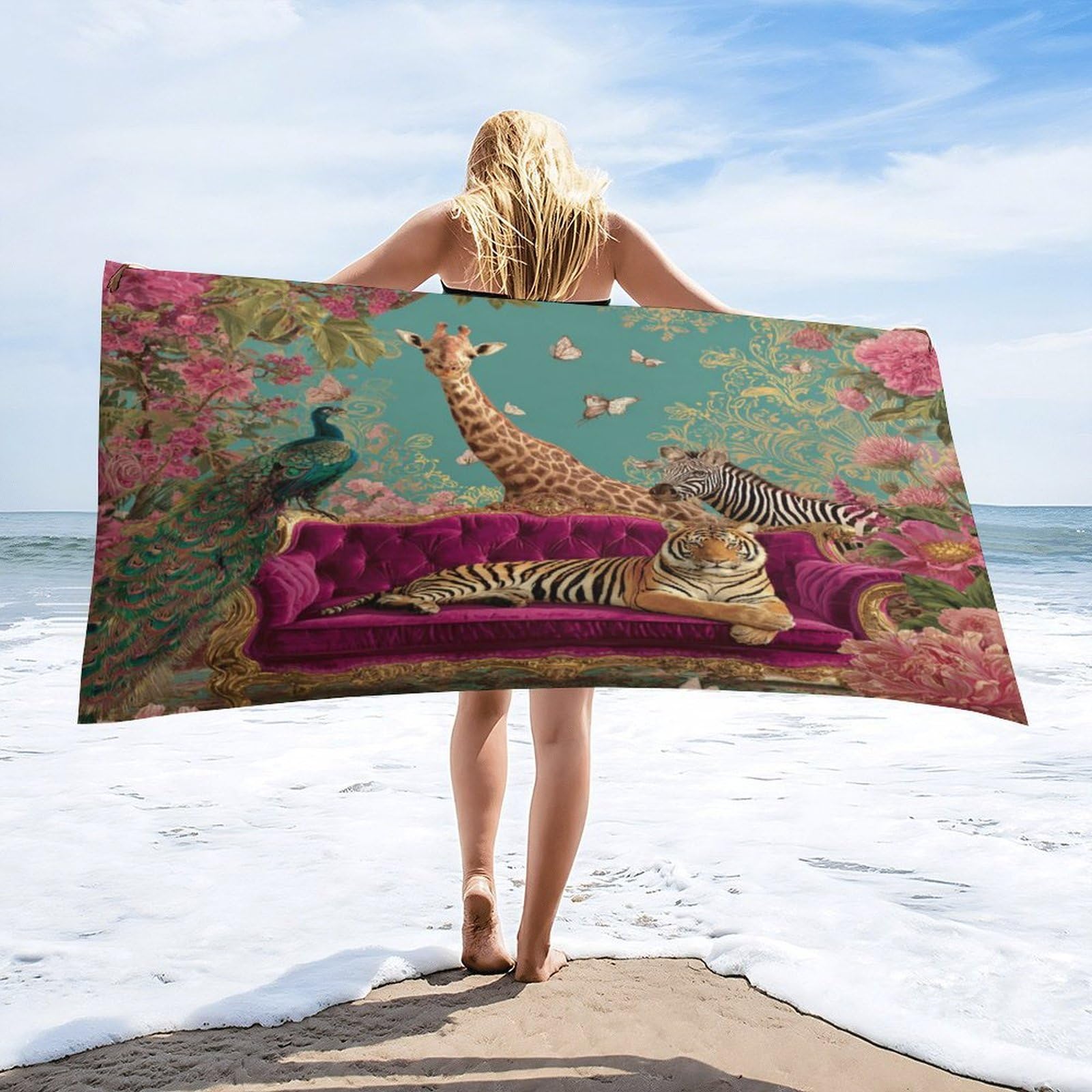 Luyysky Luxury Vintage Tiger Giraffe Quick-Drying Beach Towel, Rustic Watercolor Tropical Animal Zebra Peacock Butterflies Floral Travel Vacation Single Sided Pile Bathroom Towels-80 W Cm X 160" L Cm