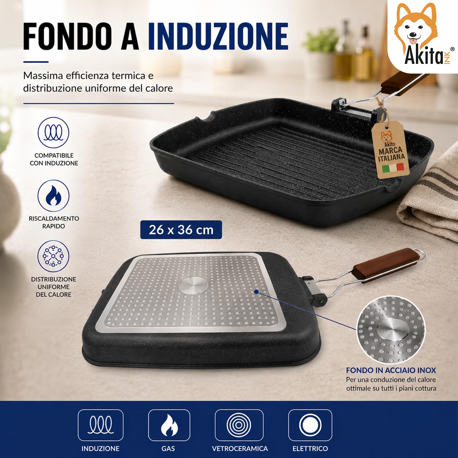 AKITAInk Bistecchiera in Alluminio Pressofuso Antiaderente Quadrata e Rettangolare, Ideale per Carne, Verdure e Grigliate, Compatibile con Induzione, 26x36 cm