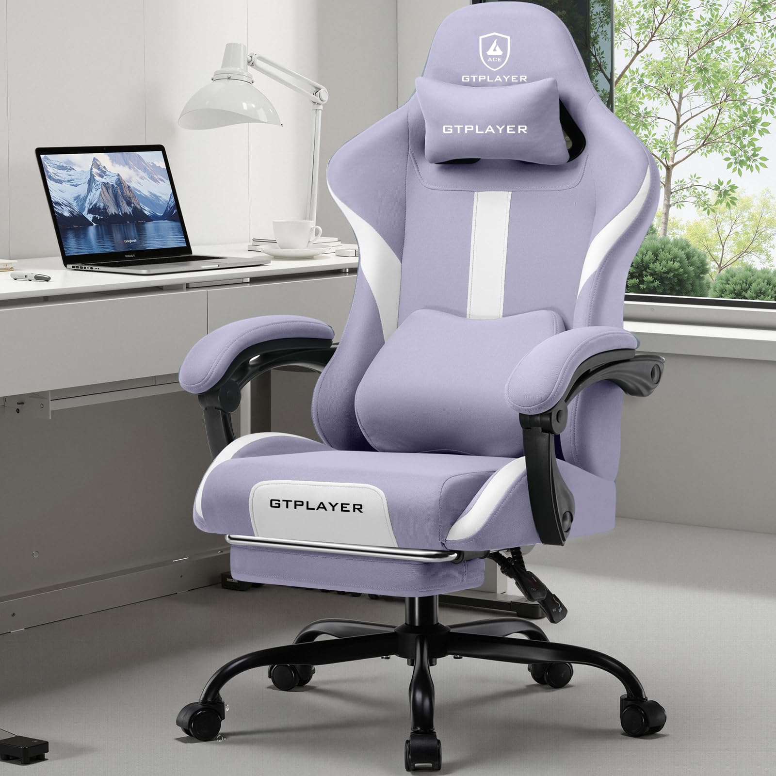 GTPLAYER Gaming Stuhl Bürostuhl Ergonomisch Gaming Sessel mit Kopfstütze und Cloud-Lendenkissen, Gepolstert Gaming Chair mit Fußstütze, Drehsessel,150kg Kapazität, Lila