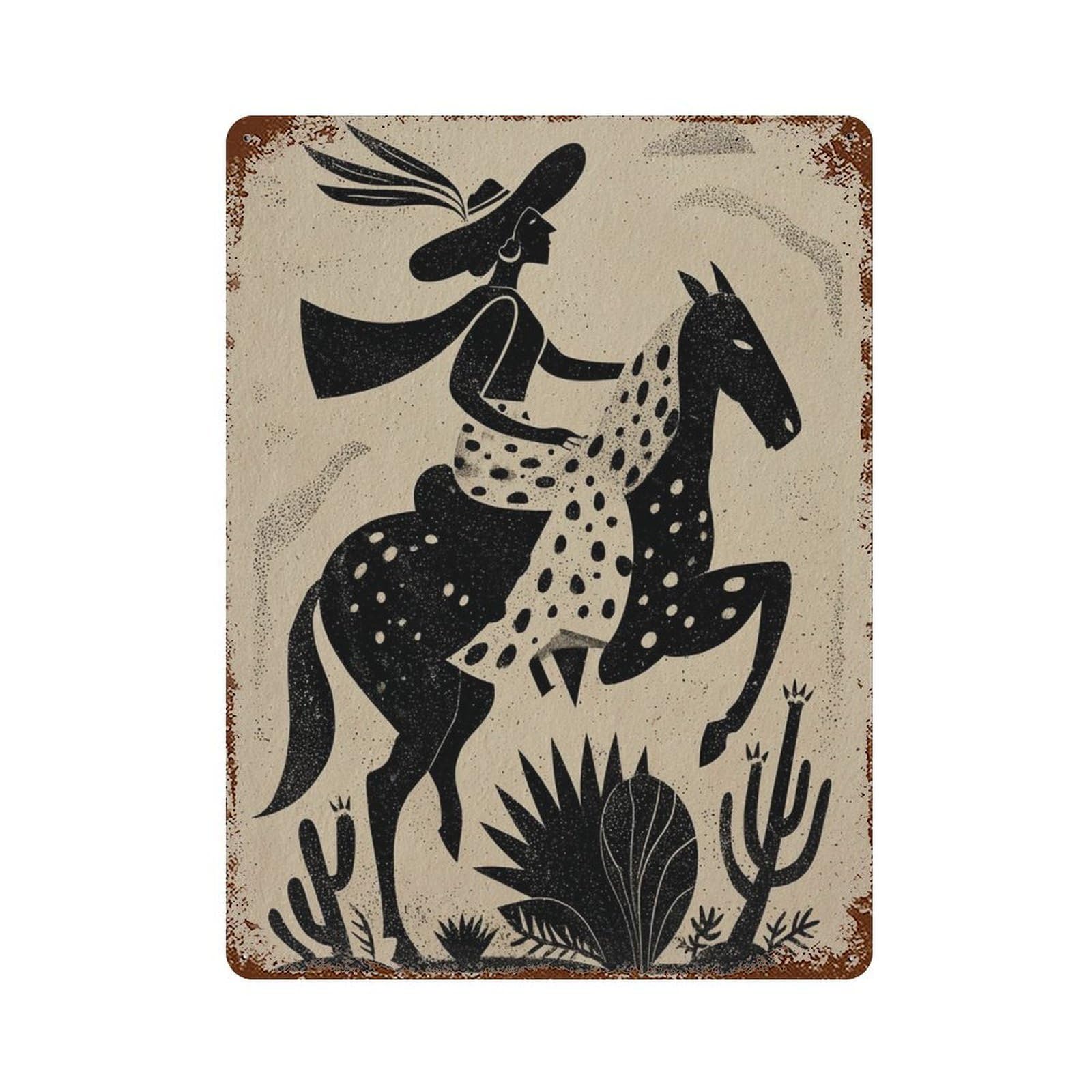 xiaoxiaoshen Cowgirl Western Desert Rider Folk Style Black And White Horse Rustic Southwester Wall Decor Art Metal Tin Poster Modern Home Decor Art Home Bar Shop Decorations Vintage Sign 40x30cm