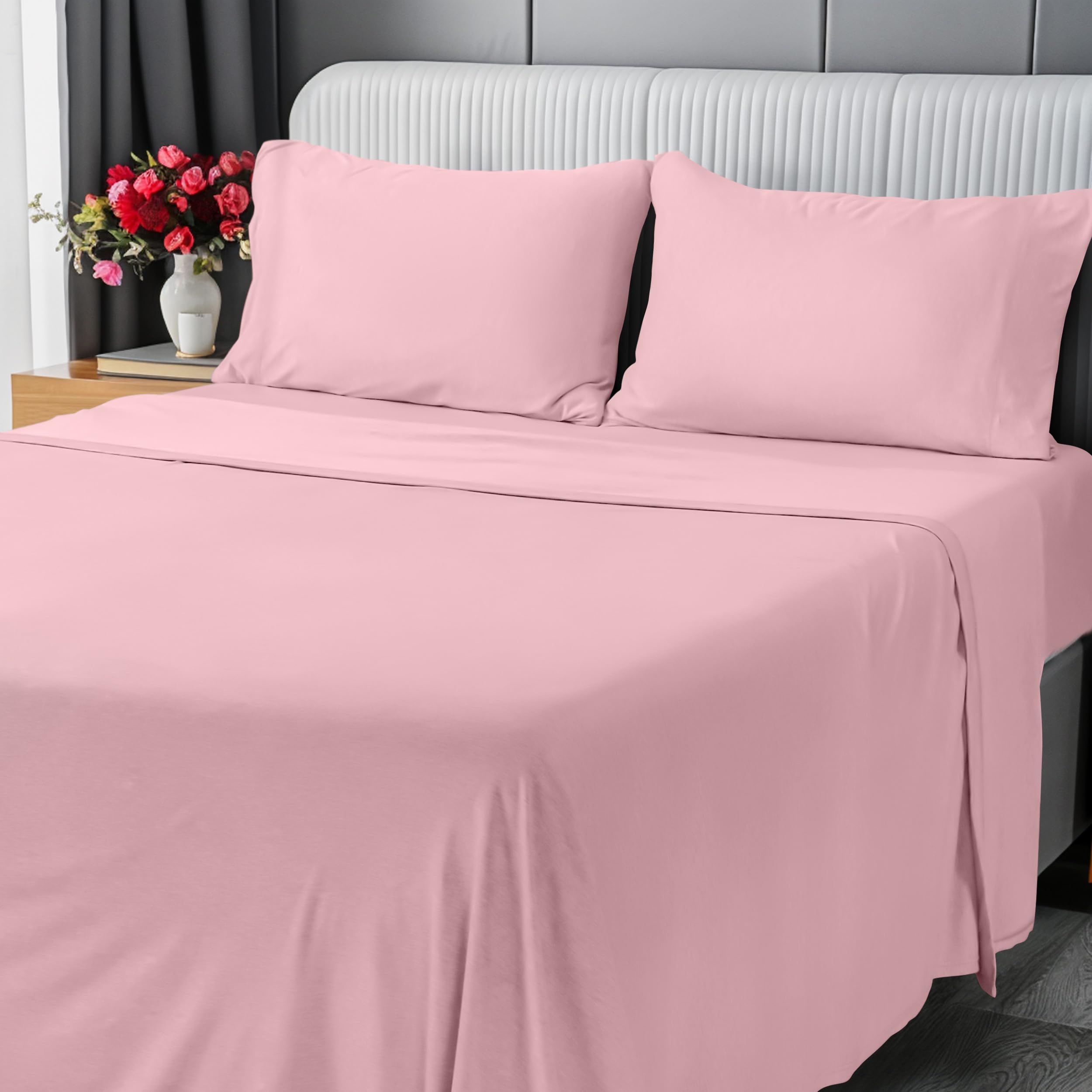 Utopia Bedding Queen Sheet Set - Jersey Knit Sheets 4 Piece – Cotton – Soft T-Shirt Stretchy Sheets (Pink)