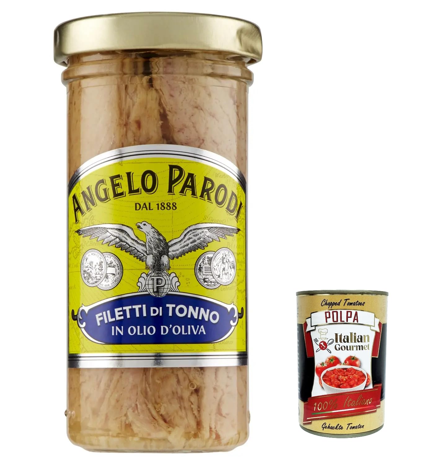 3x Angelo Parodi Filetti di Tonno in Olio d'Oliva in vetro, Thunfischfilets in Olivenöl in Glas 150 g + Italian Gourmet polpa 400g