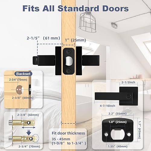 Miniatura 6 de Estmoon Paquete de 5 manijas de puerta negras mate para interiores, mejoras para el hogar, cerradura de puerta de privacidad sin llave, aleación de