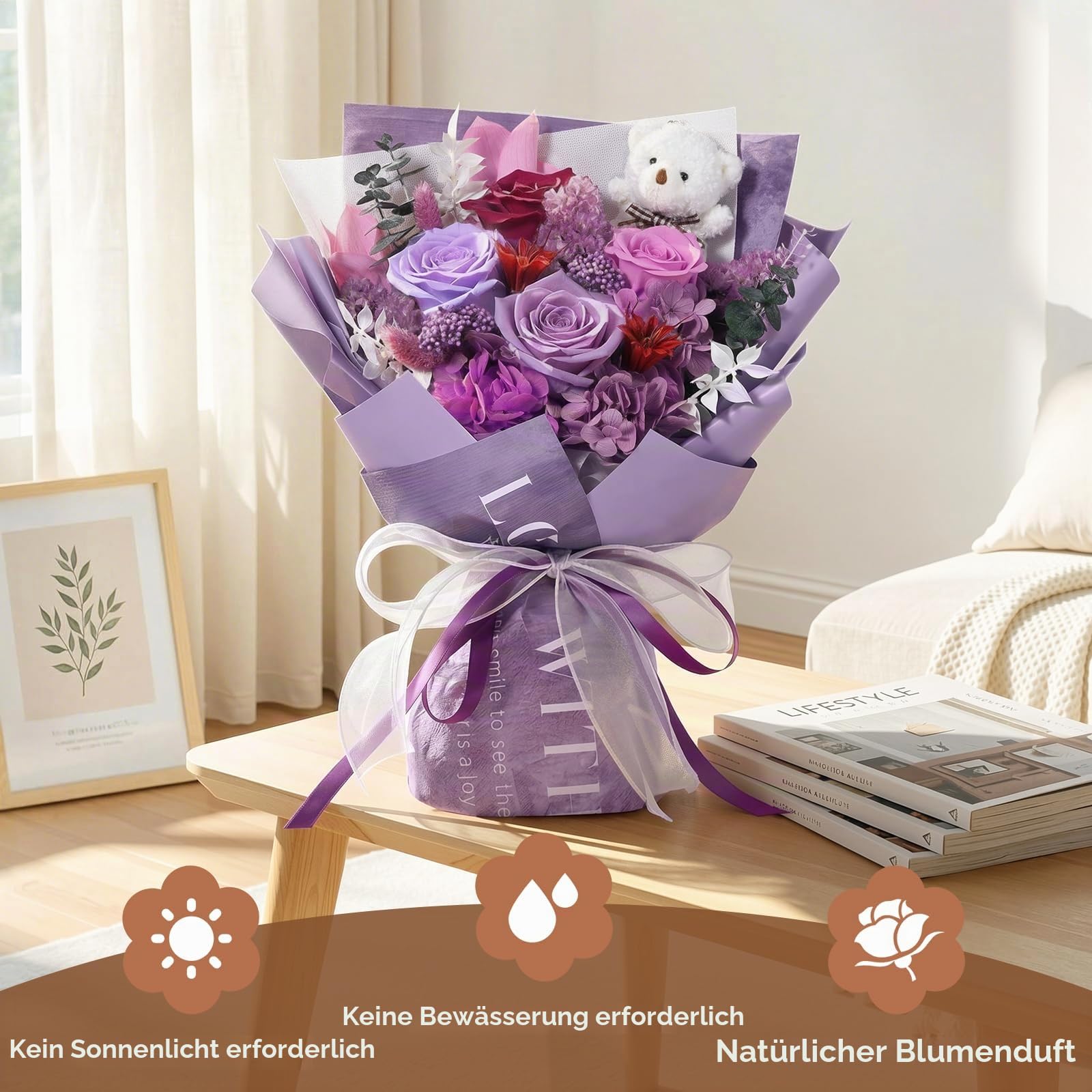 Emibele Ewige Rosen Blumenstrauß Mit Bär, Konservierter Blumen für Frauen