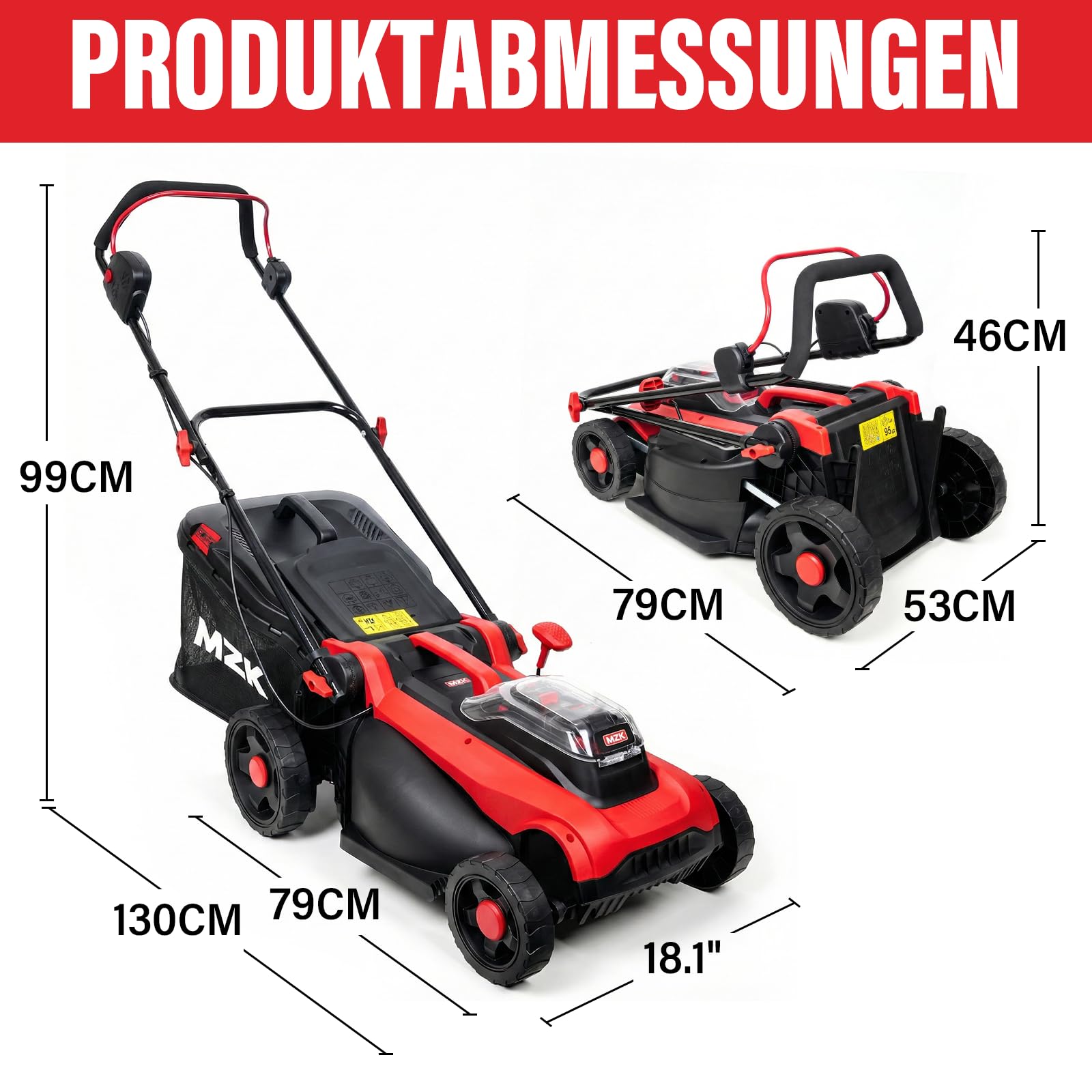 MZK 40V Akku-Rasenmäher, 41 cm Schnittbreite, 2-in-1 Bürstenloser Akku-Rasenmäher, Schiebemäher mit 5-facher Schnitthöhenverstellung, inkl. 2 x 4,0 Ah Akkus & Ladegerät