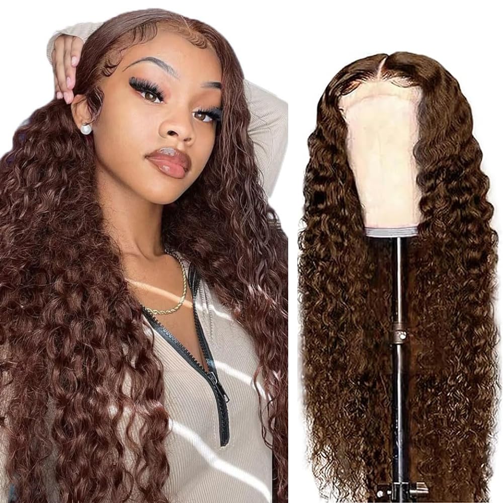 Weeybay #4 Chocolate Brown Color Deep Wave 4x4 Lace Front Wigs 34 Inch HD Transparent Natural Hairline Unprocessed Virgin Human Hair Wig For Women 180% Density
