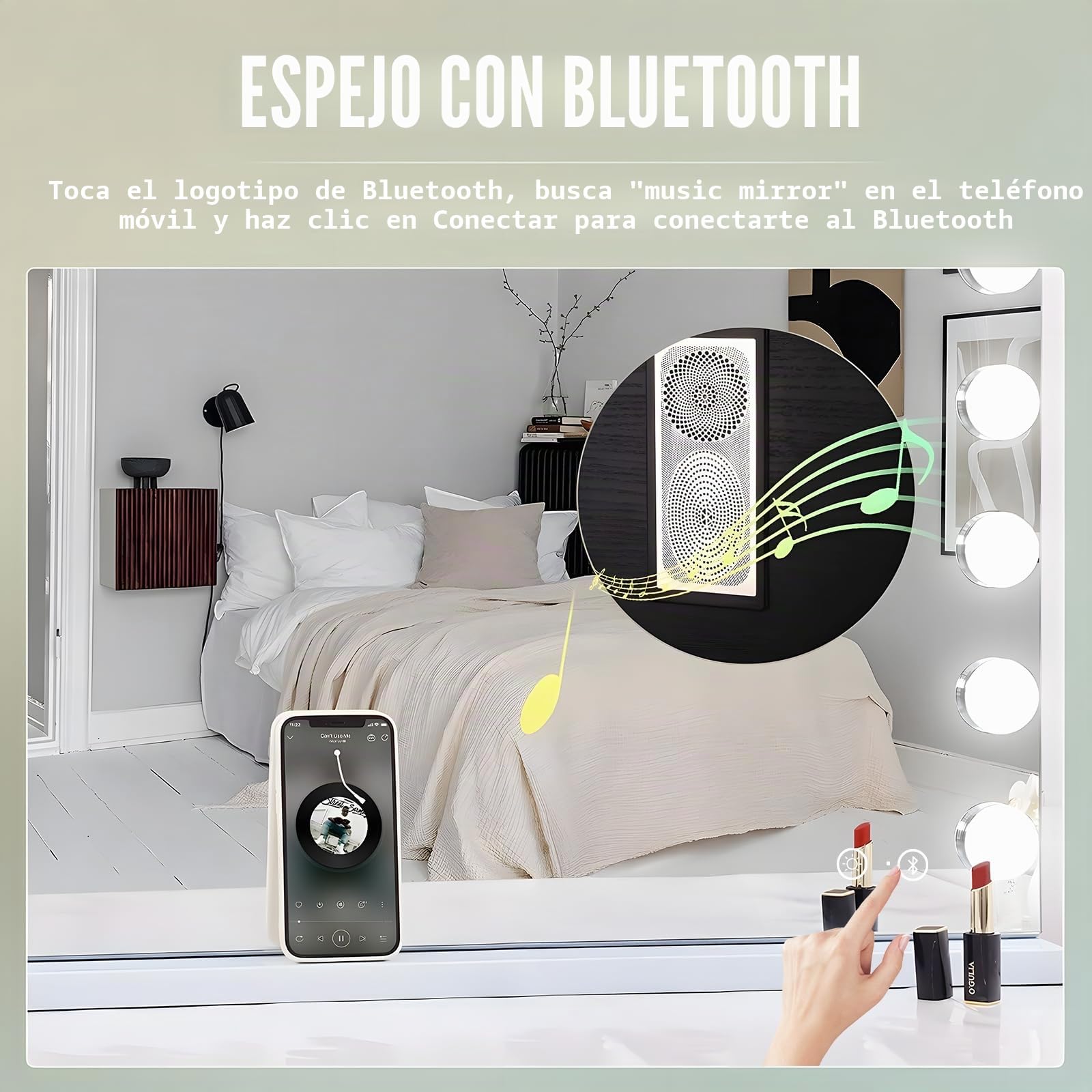 Hansong Hollywood - Espejo con Bluetooth (80 x 60 cm, con 18 Bombillas LED, Espejo, 3 Colores