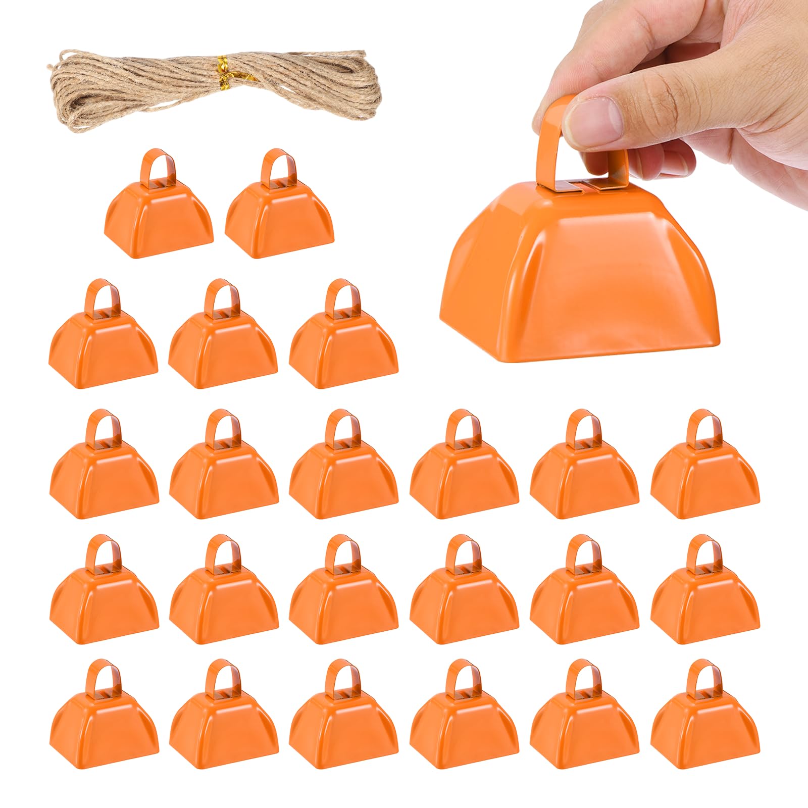 PATIKIL 24pcs Cow Bells for Football Games 3 Inch Cowbells for Sporting Events Bulk Loud Noise Makers Metal Cow Bell with Rope for Cheering Wedding Orange