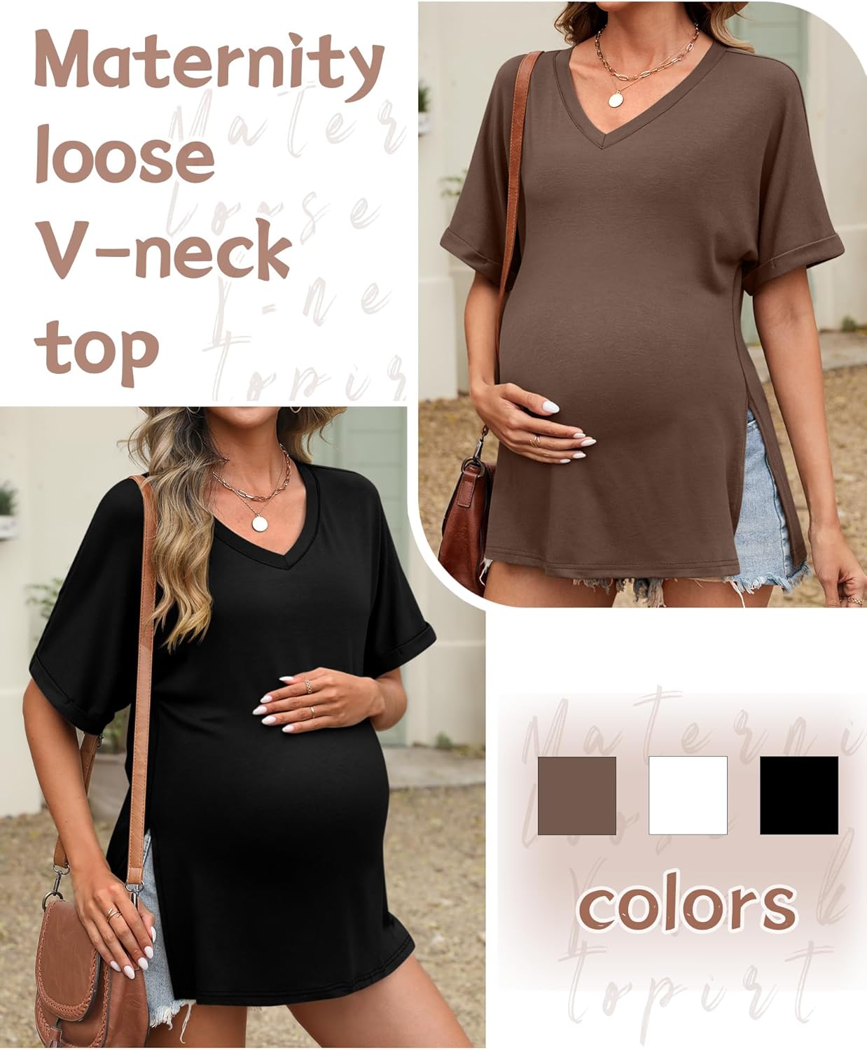 Ficerd 3 Pack Women's Maternity T-Shirts, Loose Split Side Pregnancy Tops Half Sleeve Roll V Neck Casual Oversized Tee Blouse - Image 4