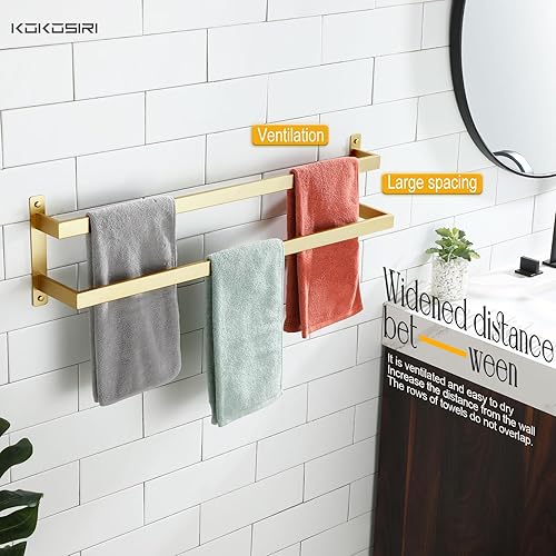 Miniatura 6 de KOKOSIRI Toalleros de baño de 2 niveles con escalera de oro cepillado de 32 pulgadas, toalleros montados en la pared, estantes de acero inoxidable,