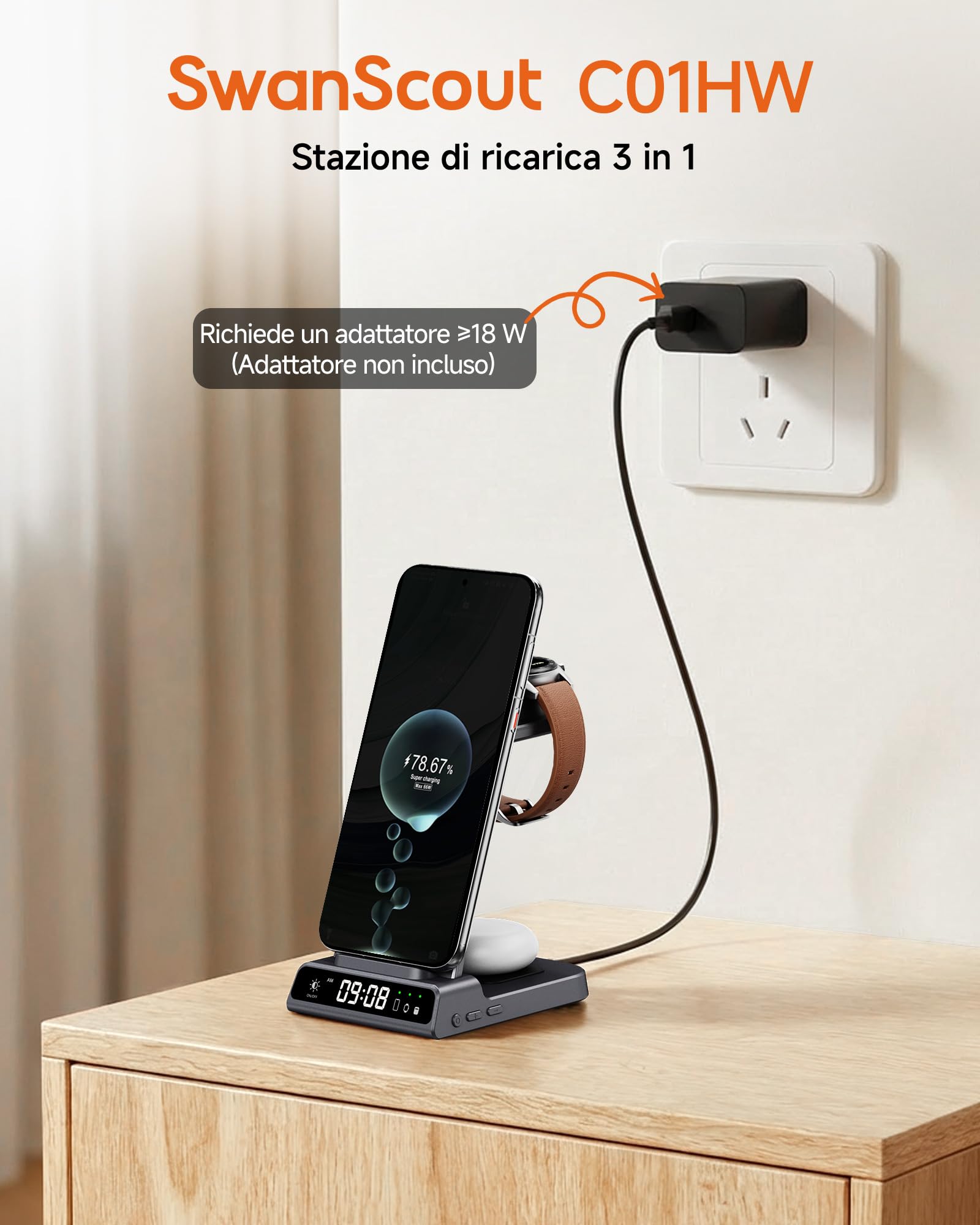 SwanScout Caricatore Wireless per Huawei, Stazione di Ricarica 3 in 1 per Pura 80/Pura 70/P60/Mate 80, Base Ricarica per Huawei Watch GT 6/GT 6 Pro/GT 5/GT 4/5/4/Fit 5, per Auricolari, SwanScout C01HW