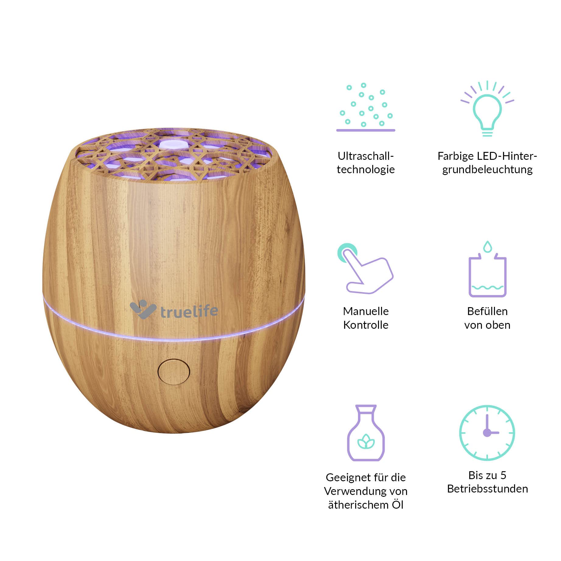 TrueLife Diffuser D3 Light 120 ml Aroma Diffuser Holzdesign Ultraschall Aromatherapie Luftbefeuchter, Duft Diffusor, Ultraschall Luftbefeuchter Aromatherapie Öle, BPA-frei, Duftlampe mit 7 LED Farben