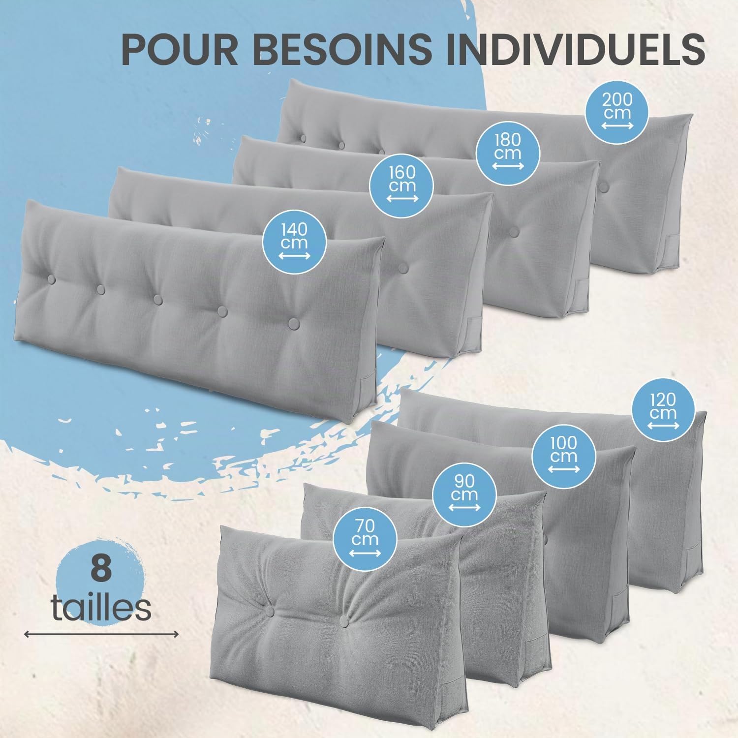 ELONEO Coussin de Dossier 180 cm de Large, Coussin en Coin adapté pour lit et canapé