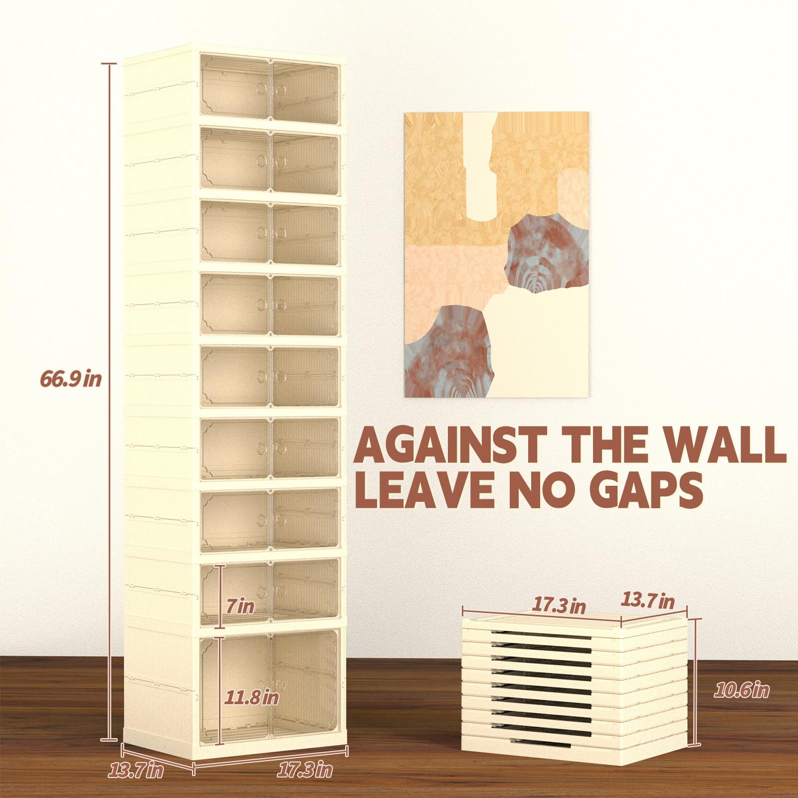 Shoe Organizer Storage Box,No-Assembly 9 Tiers Foldable Shoe Rack with Clear Door, Large Sneaker Cabinet Bins for Living Room, Cloakroom, Entryway