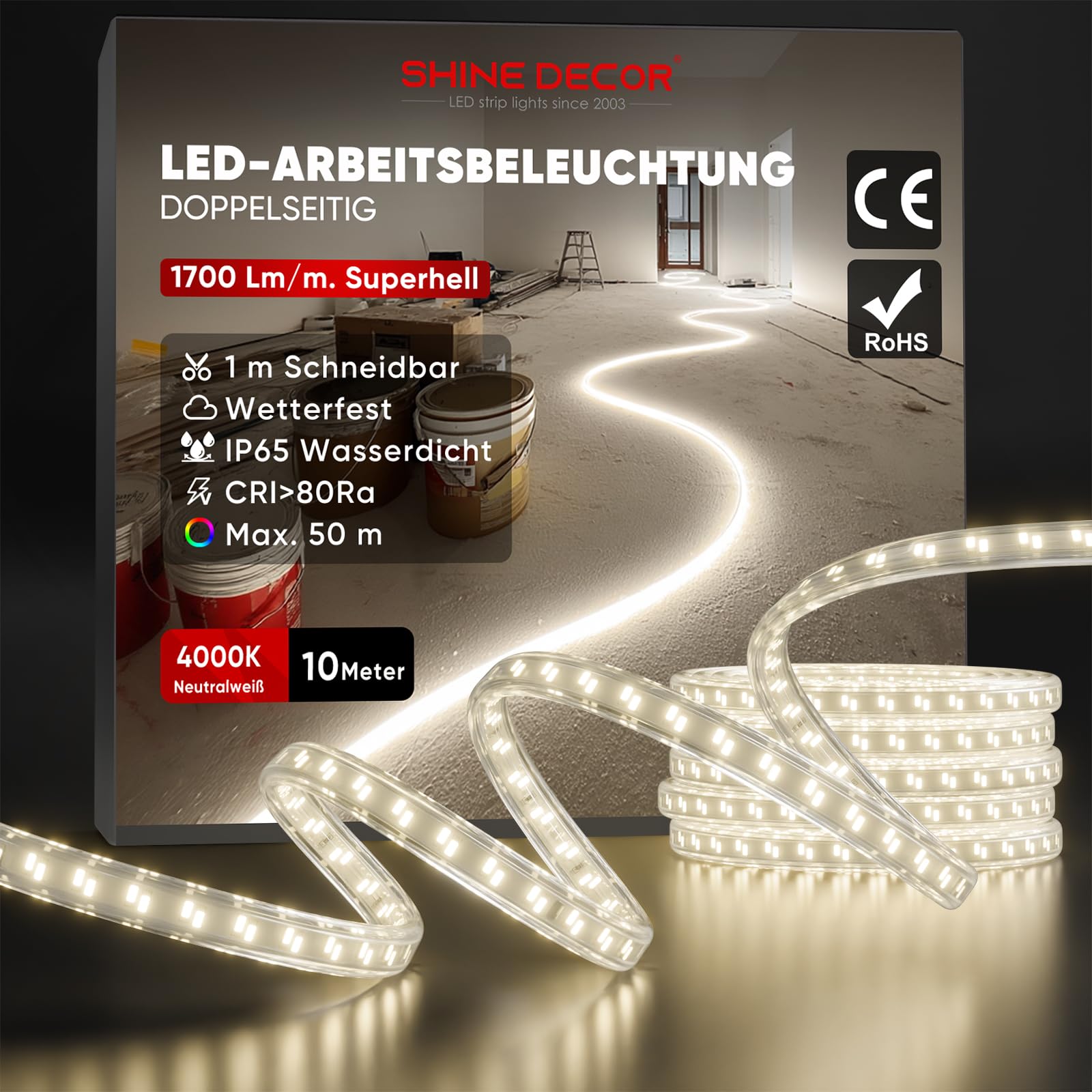 Shine Decor Striscia LED da 10 m, 100 W, 13000 lm, IP65, impermeabile, adatta a 70 m, per costruzione, garage, luogo di lavoro, giardino, materiali di costruzione (bianco neutro 4000 K, 10 m senza