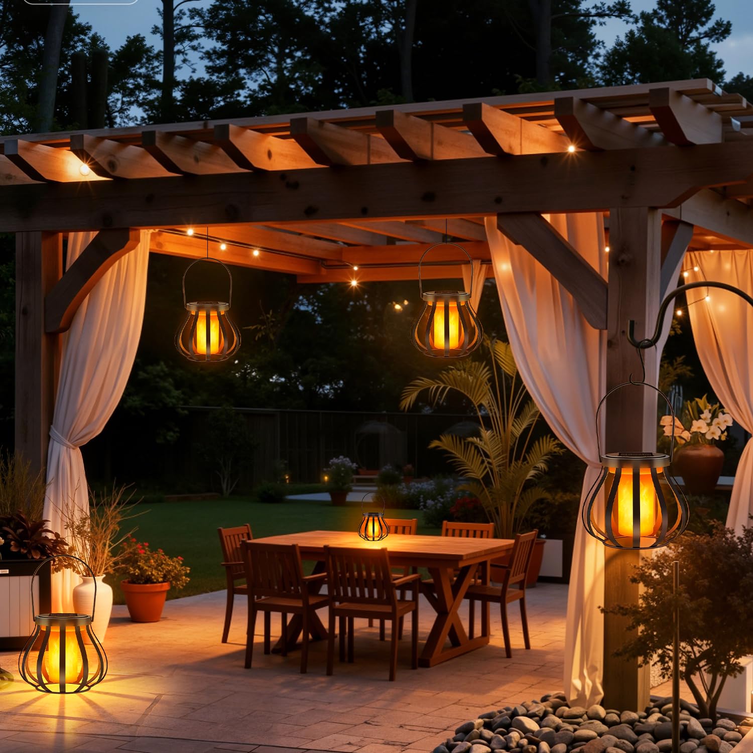 2 lanterne solari con effetto fiamma reale per esterni, IP65, impermeabili, per giardino, balcone, terrazza e cortile con sensore crepuscolare automatico, decorazione da giardino, Senza gancio e base