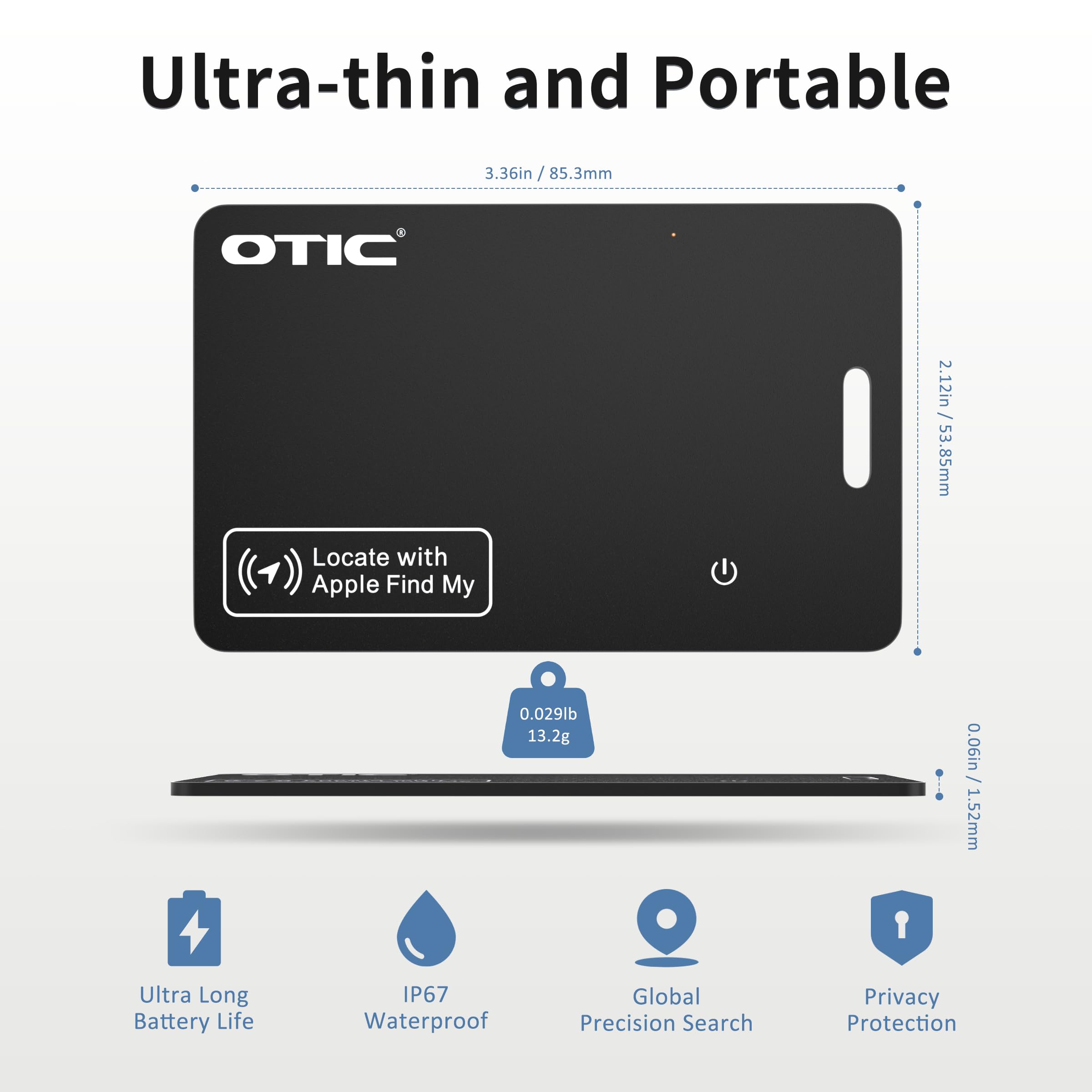 OTIC Custodia per portafoglio, ultra-sottile da 1,7 mm, ricaricabile, funziona con Apple Find My (solo iOS), localizzatore di oggetti per etichette bagagli, passaporti, telefono, impermeabile IP67