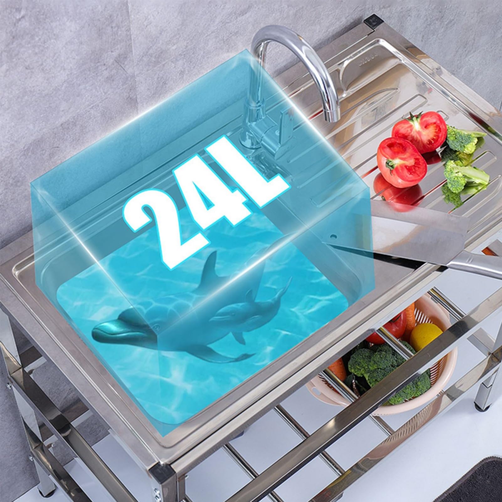 Lavello Professionale Inox a Libera Installazione | Autoportante con Rubinetto 360°, Doppio Vano e Banco da Lavoro per Esterno, Ristorante, Garage