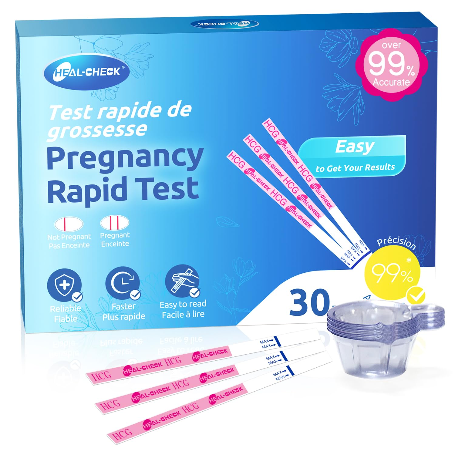 HEAL-CHECK 30 Count Pregnancy Tests with Cup, HEAL-CHECK Bulk Pregnancy Test Strips for Home Detection, Over 99% Accuracy, Individually Wrapped, Extra-Wide 5mm HCG Test Kit Comfortable Grip, Tests de Grossesse