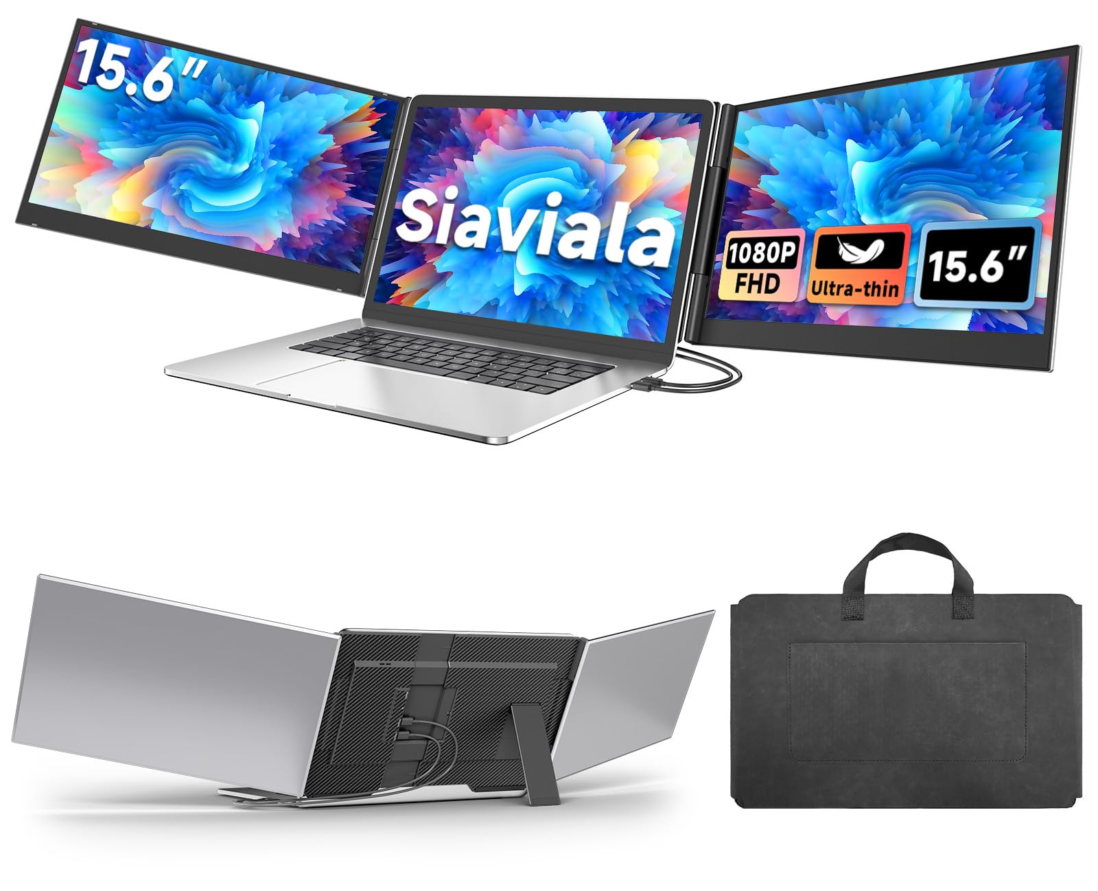 siaviala 15,6" Laptop Bildschirm Erweiterung, 1080P FHD Triple Laptop Screen Extender, Ultra-dünner Monitor erweiterung für 13-17,3” Laptops, HDMI/USB C Plug&Play-Zweitbildschirm für Win/Mac/Android - 2