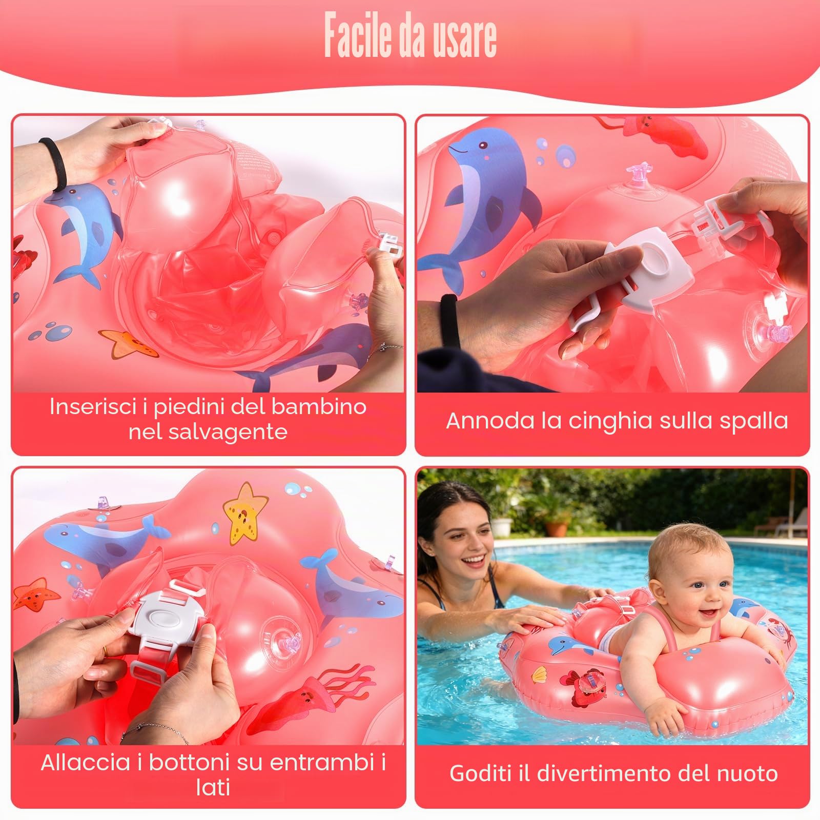 Piscina Salvagente Bambini Gonfiabile, Salvagente Neonato 1-3 anni, Salvagentes Neonato con Parasole e Seggiolino di Sicurezza, Anello di Nuoto Bambini UPF50+ Protezione UV(Rosa)