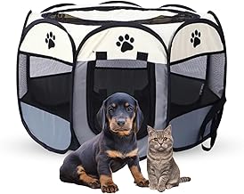 Dog House Portable Folding Pet Tent Cage, Tent House and Playpen, Octagonal Design Pet and Dog Tent. Size 73CM * 73CM * 43cm - Small Size (Grey-White)