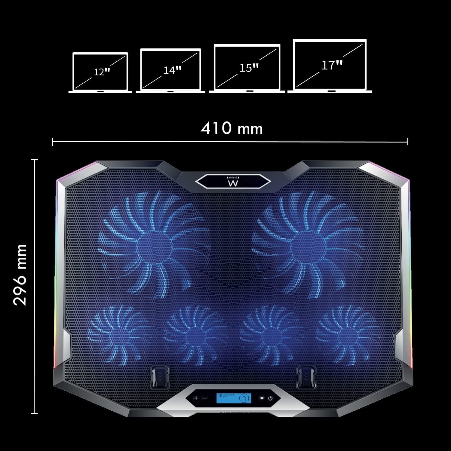 Ewent EW1260 - Soporte y Ventilador para Portátil - Silencioso - 6 Ventiladores de Velocidad Ajustable - para Portátiles de hasta 17" - Pantalla LCD - 2 Puertos USB - 7 Luces LED - Diseño Ergonómico