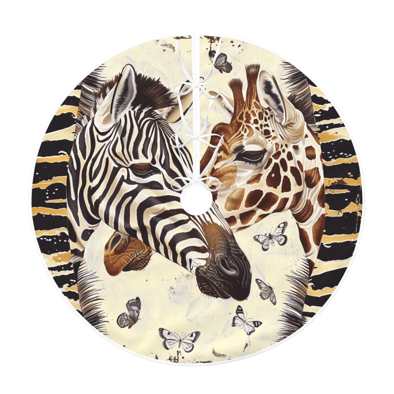 Zebra and Giraffe Printed Imitation Linen Christmas Tree Skirt with Hemp Bandage, Xmas Tree Cover Mat for Christmas New Year Party Home Decor, 48 inch